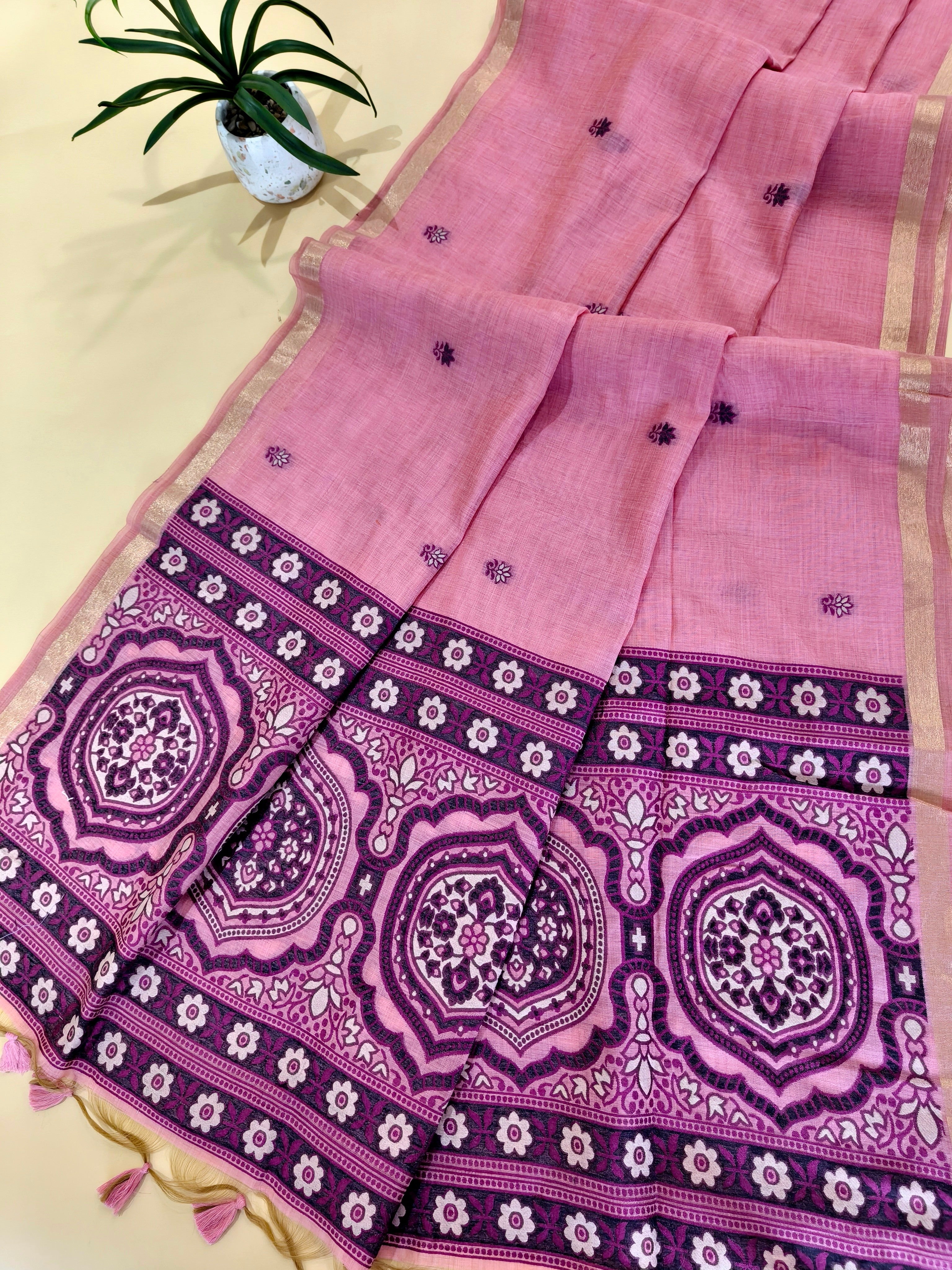 Muga Cotton Saree With Ajrakh Pattern - PINK