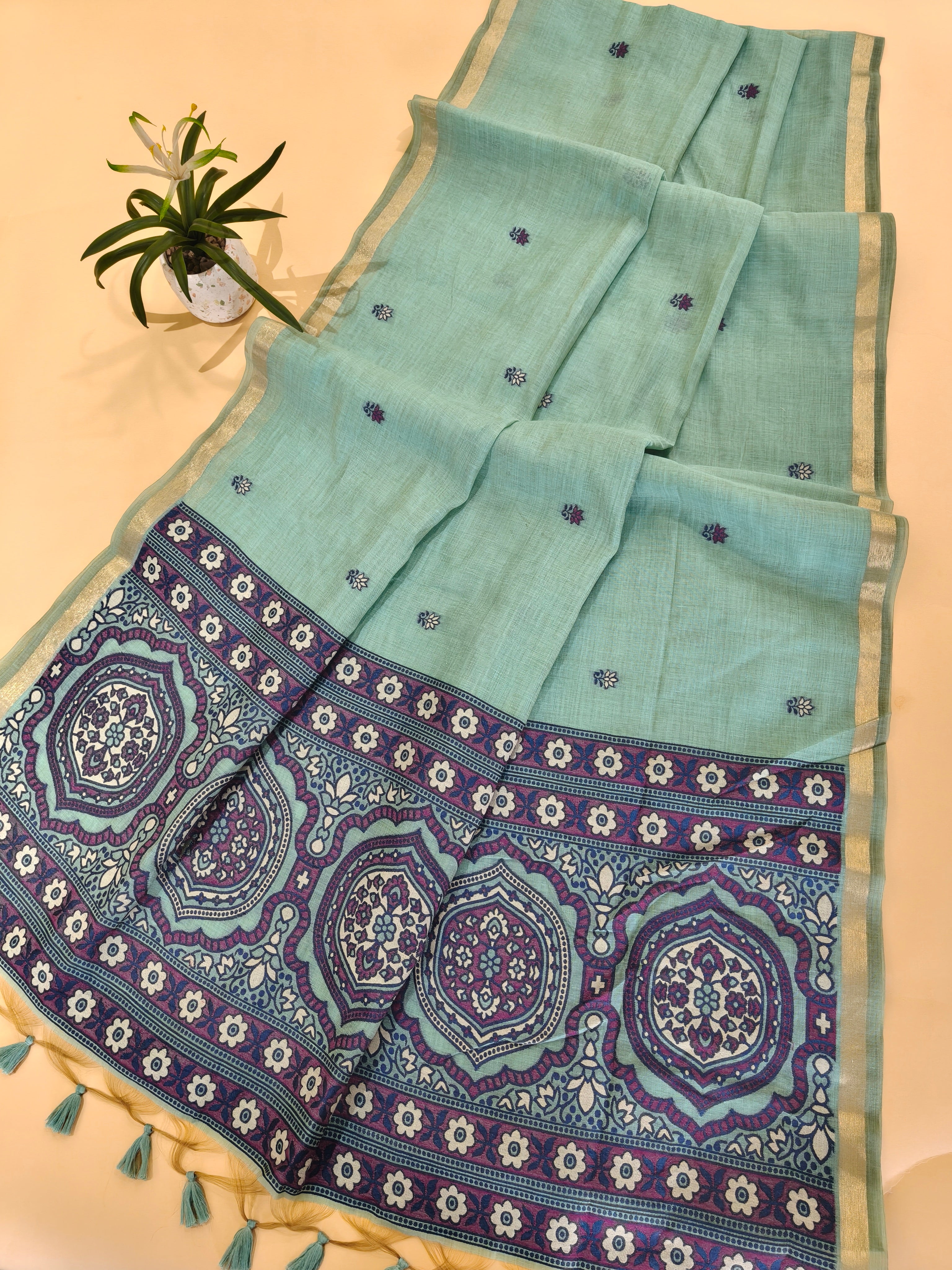 Muga Cotton Saree With Ajrakh Pattern - FIROZI