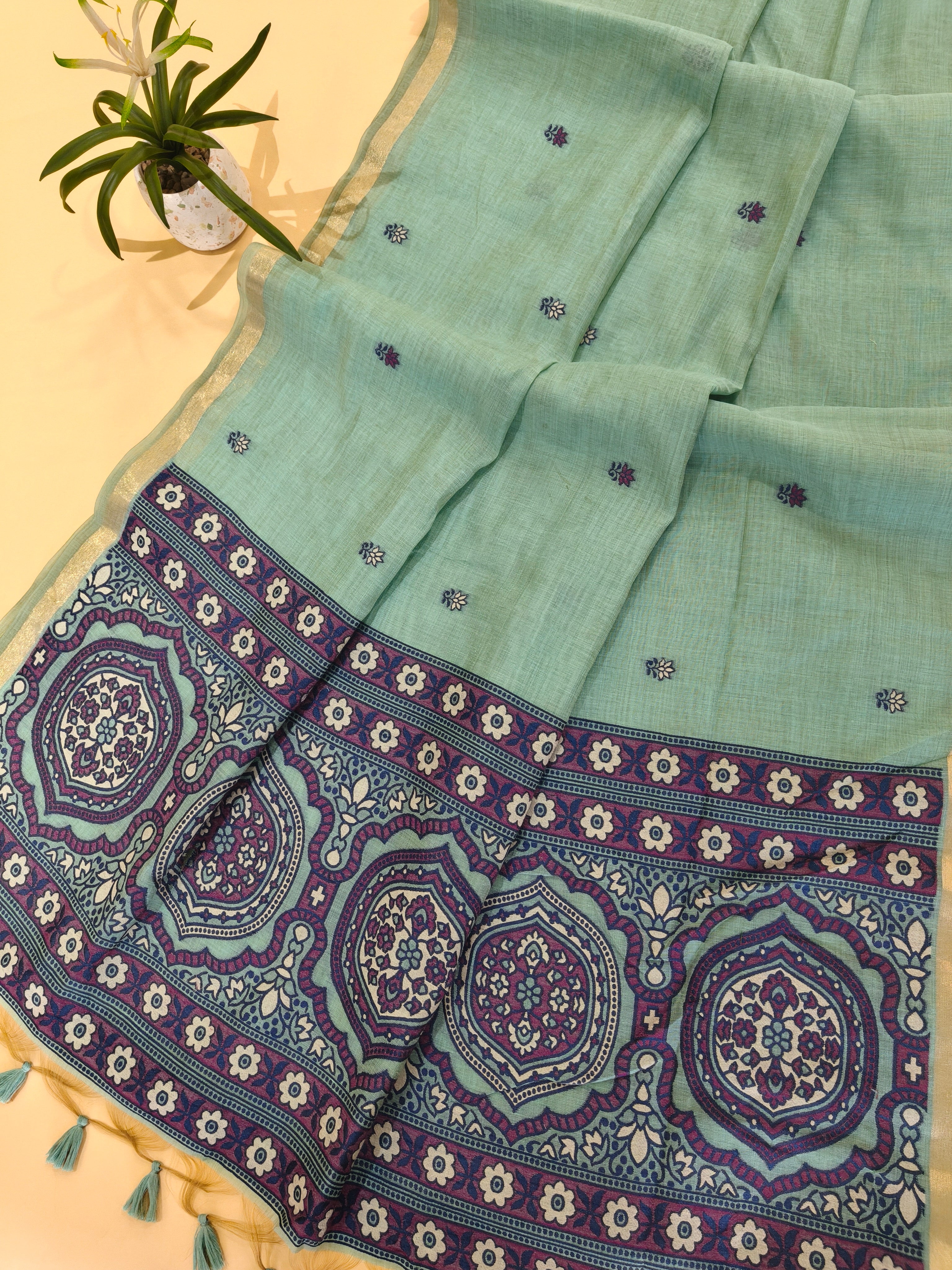 Muga Cotton Saree With Ajrakh Pattern - FIROZI