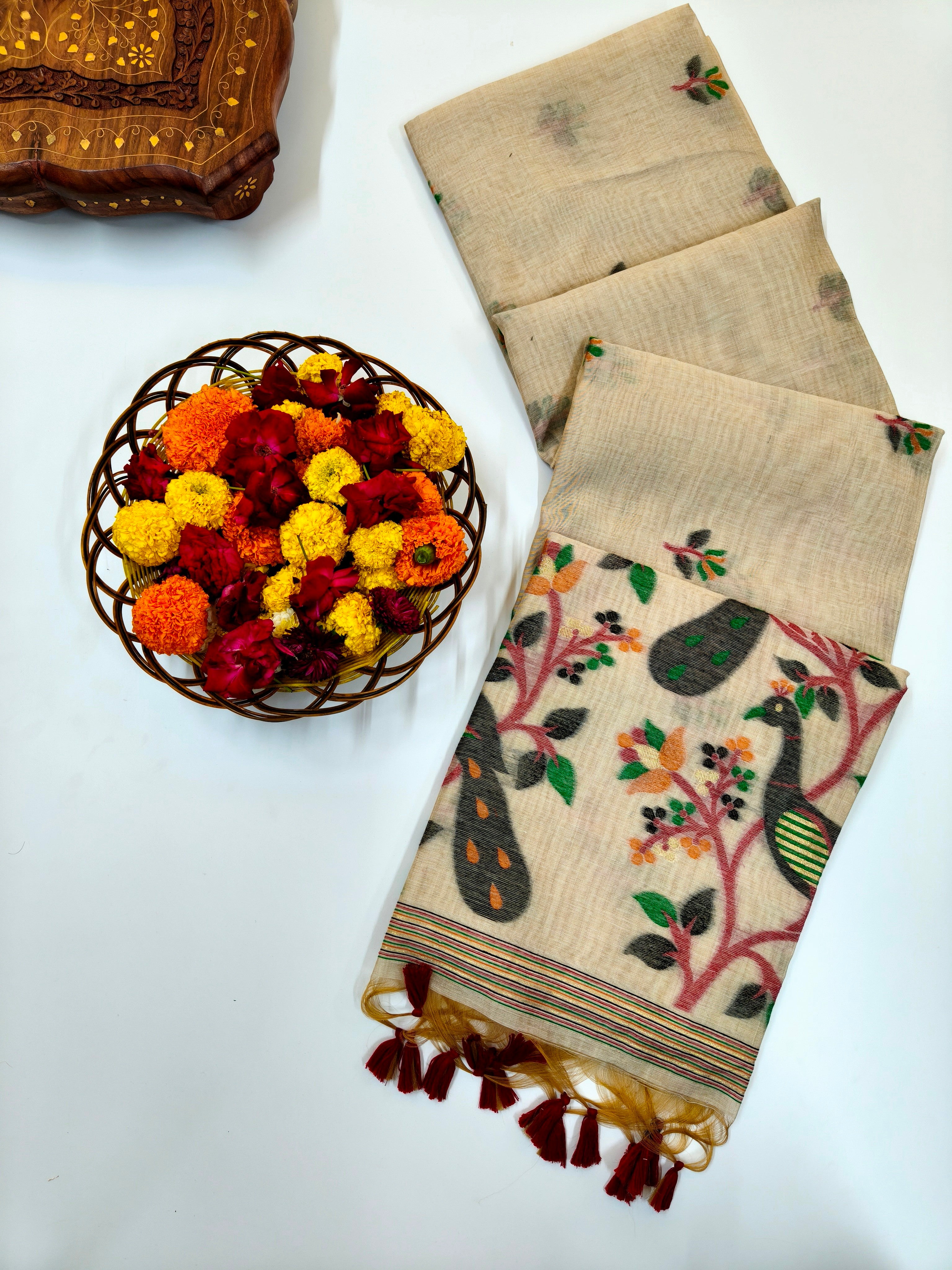 Muga Cotton Saree With Peacock Design - BLACK