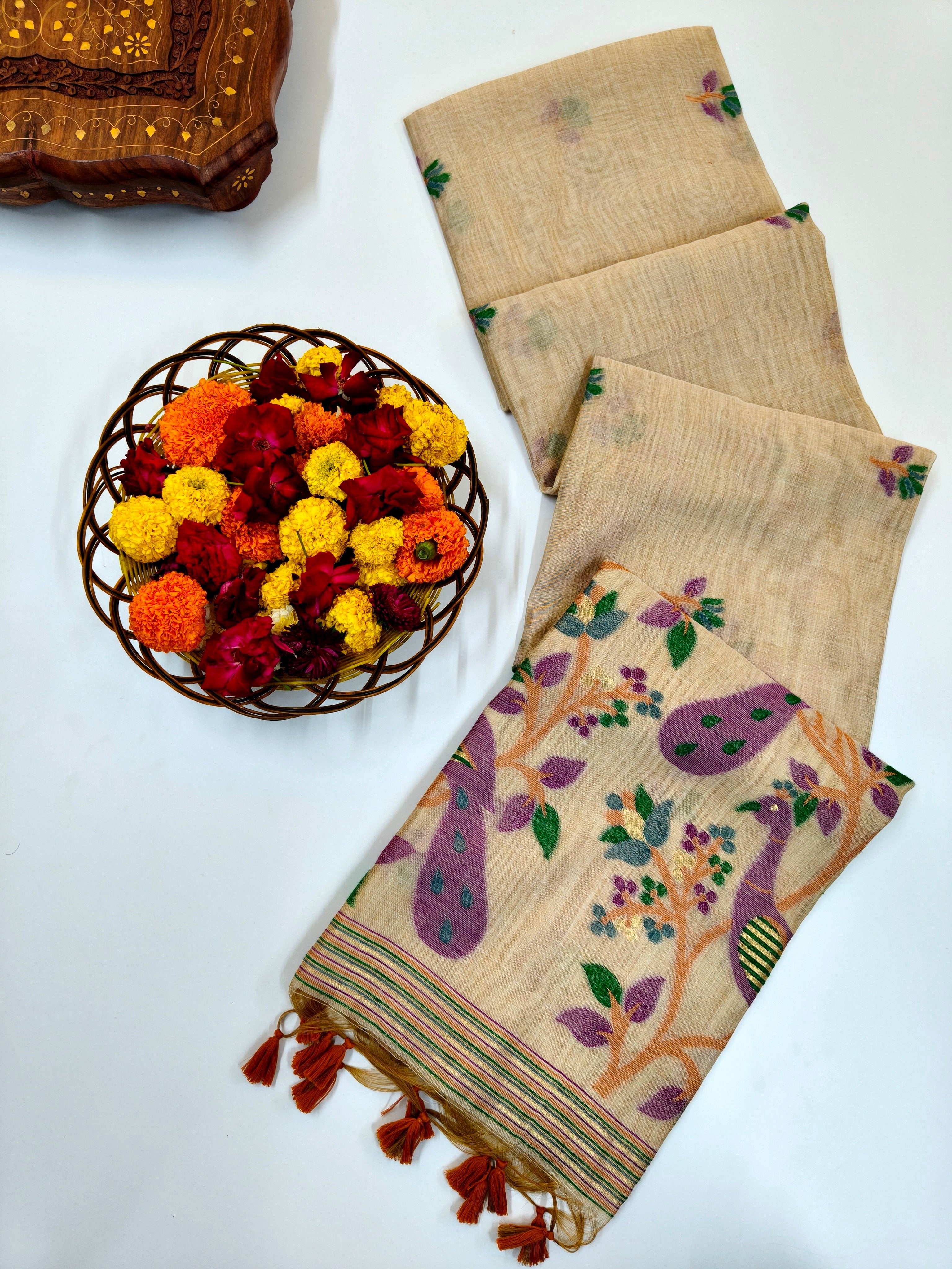 Muga Cotton Saree With Peacock Design - PURPLE