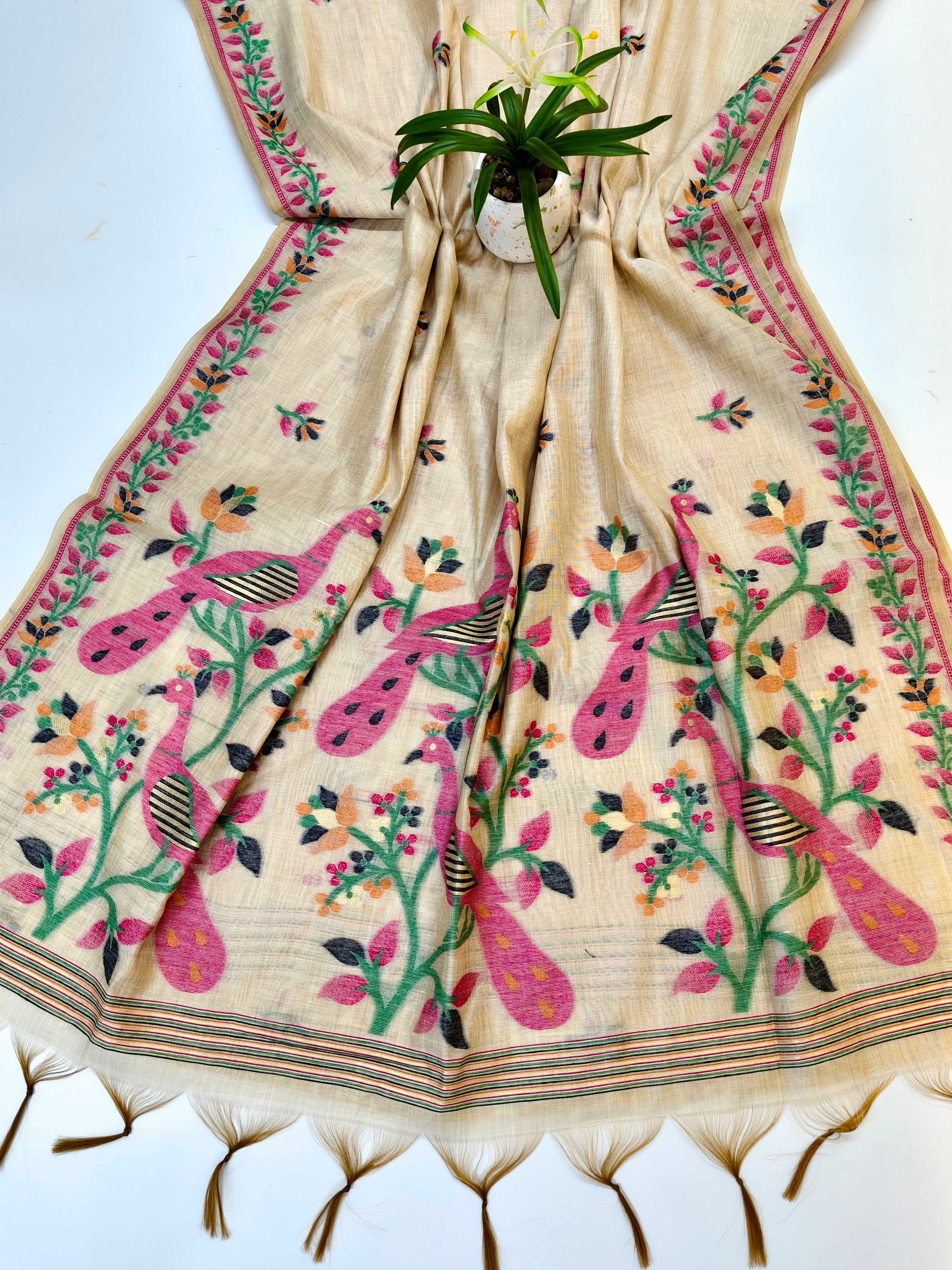 Muga Cotton Saree With Peacock Design - PINK