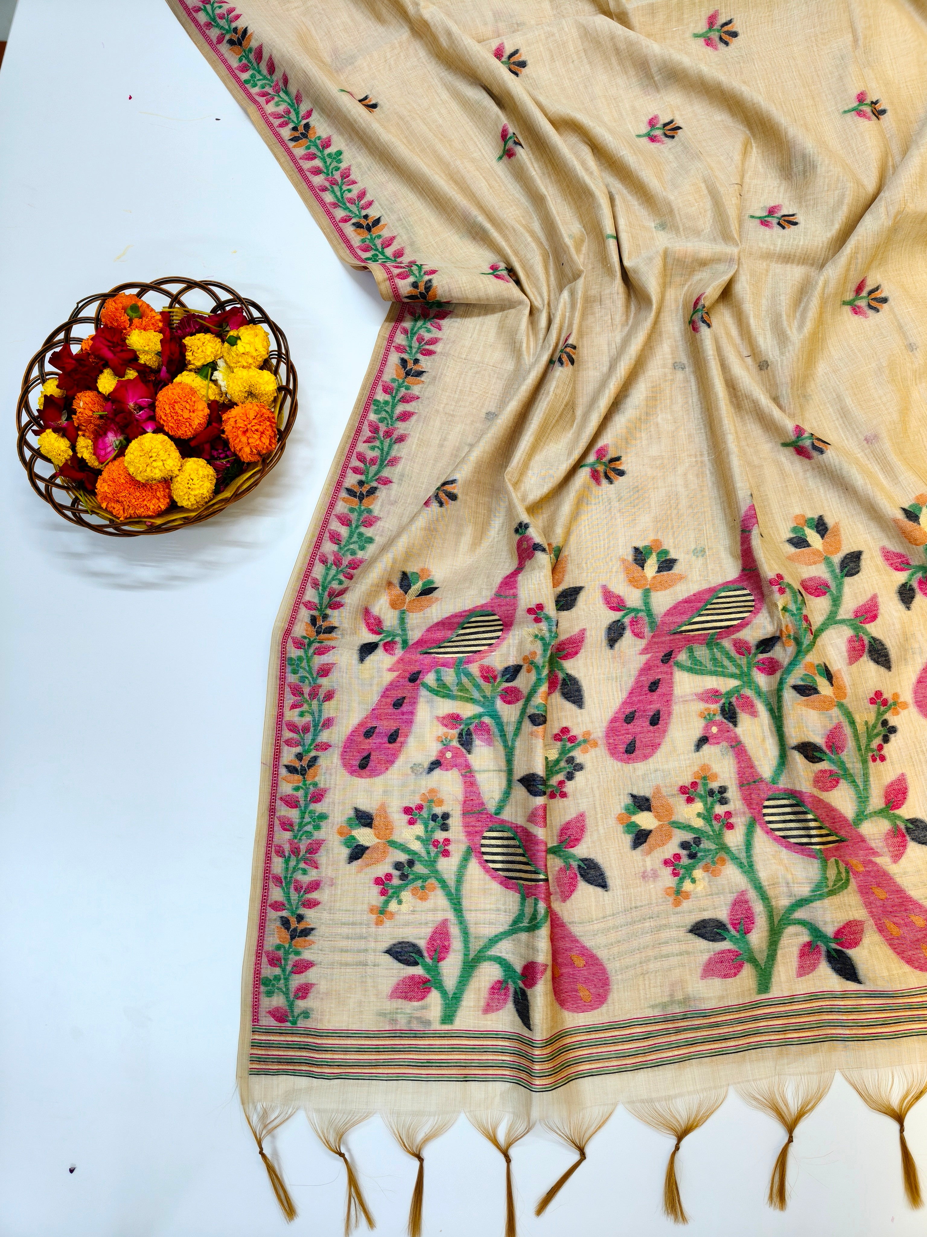 Muga Cotton Saree With Peacock Design - PINK
