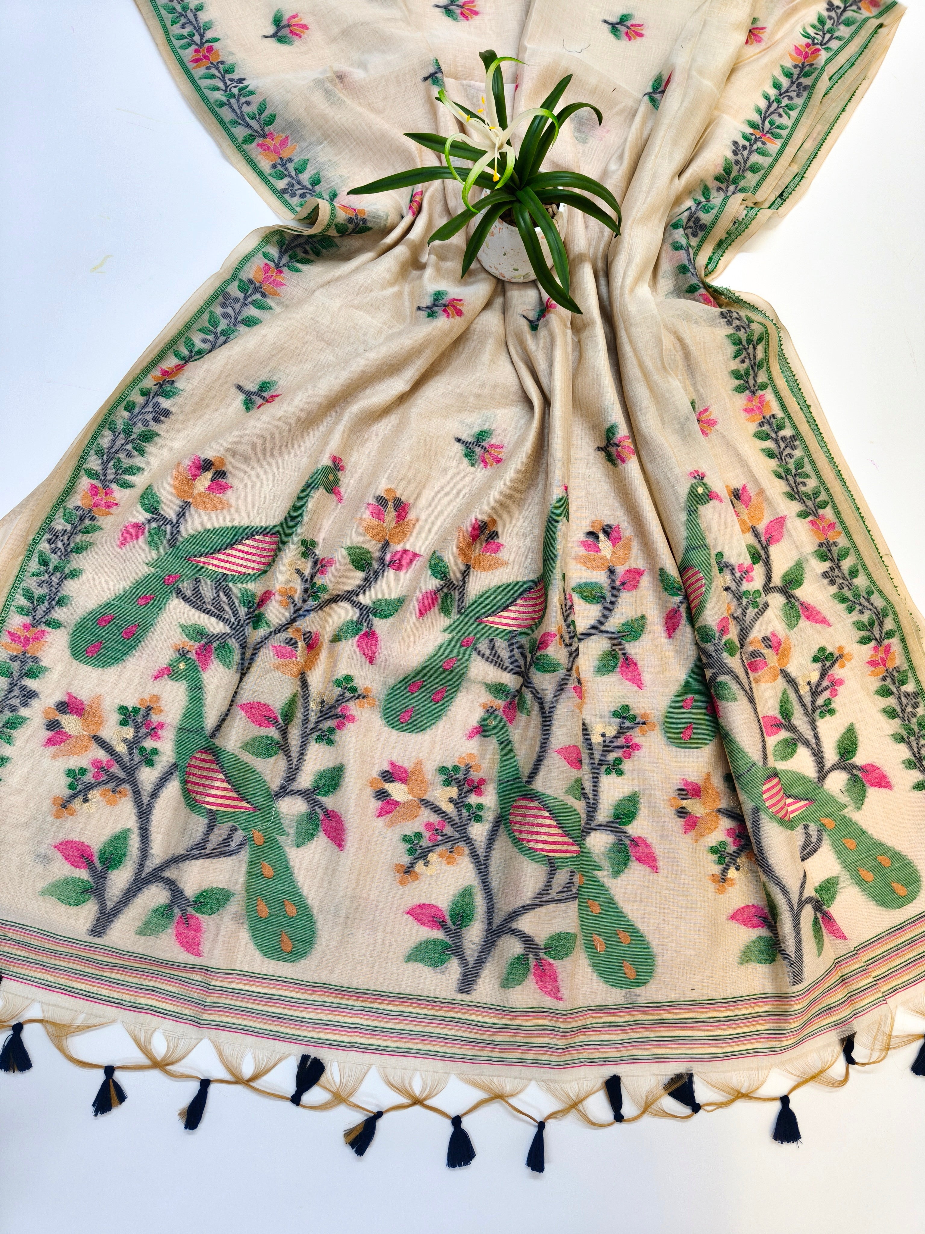 Muga Cotton Saree With Peacock Design - GREEN