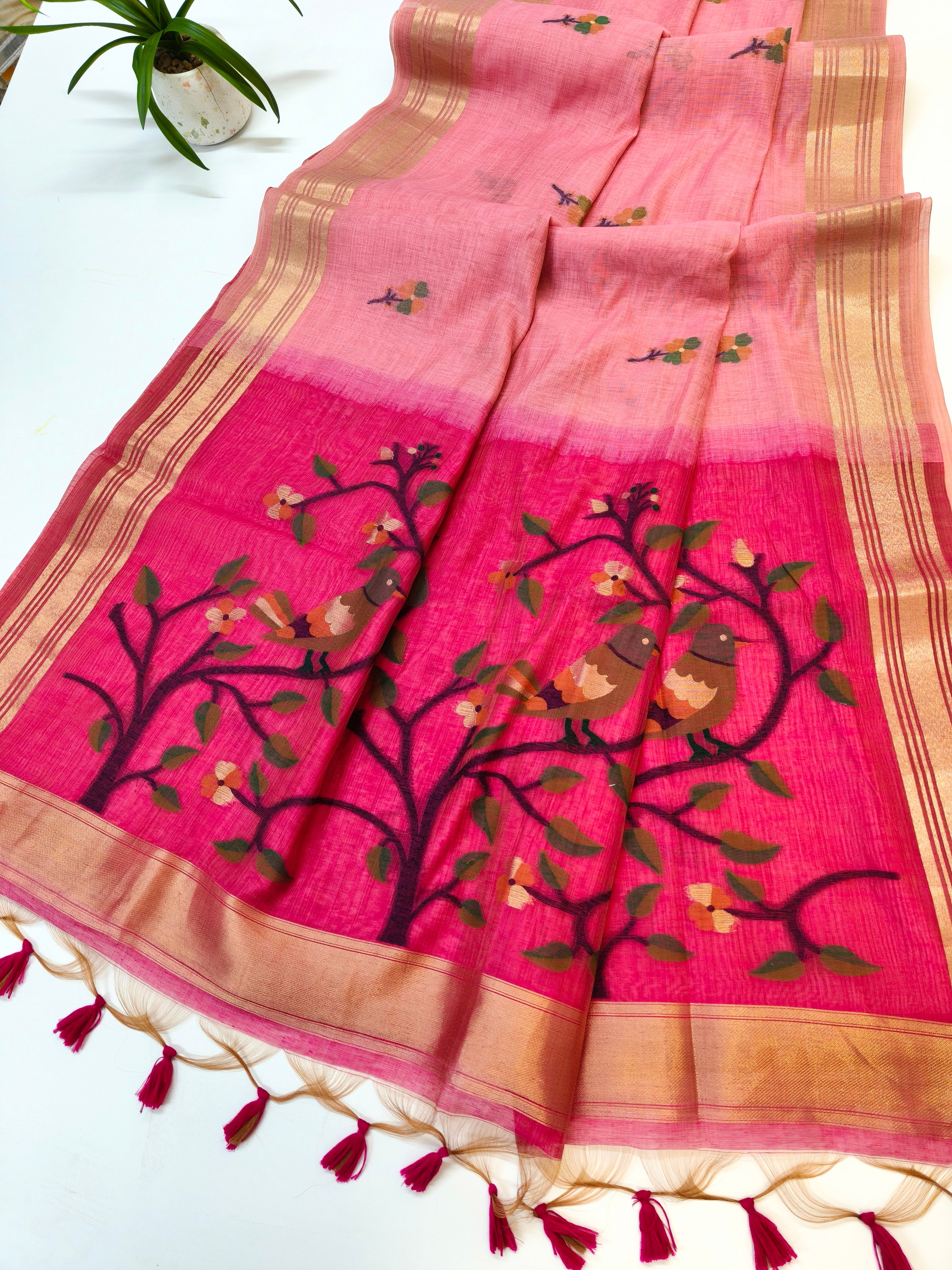 Muga Cotton Saree With Paithani Pattern - PINK