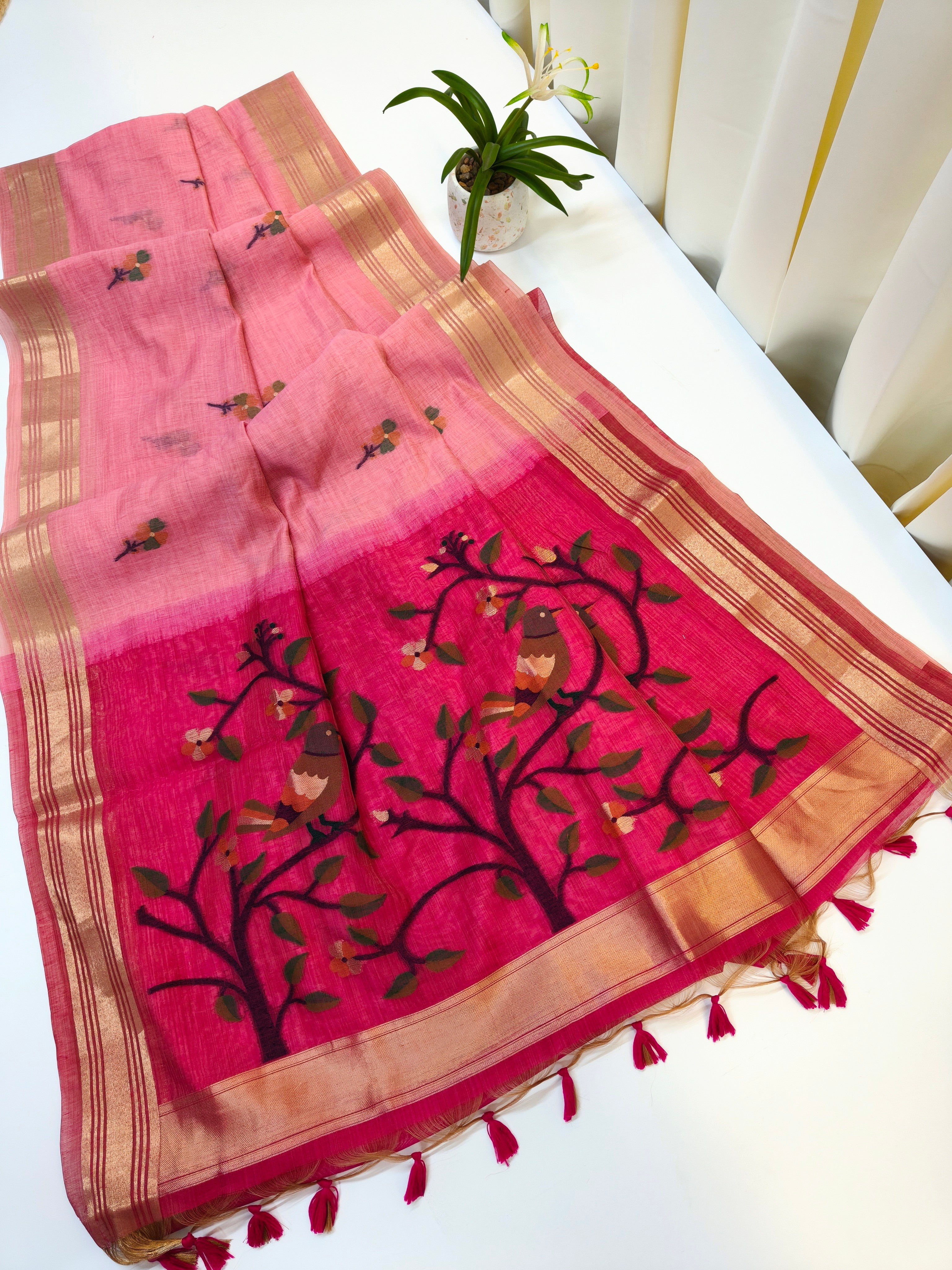 Muga Cotton Saree With Paithani Pattern - PINK