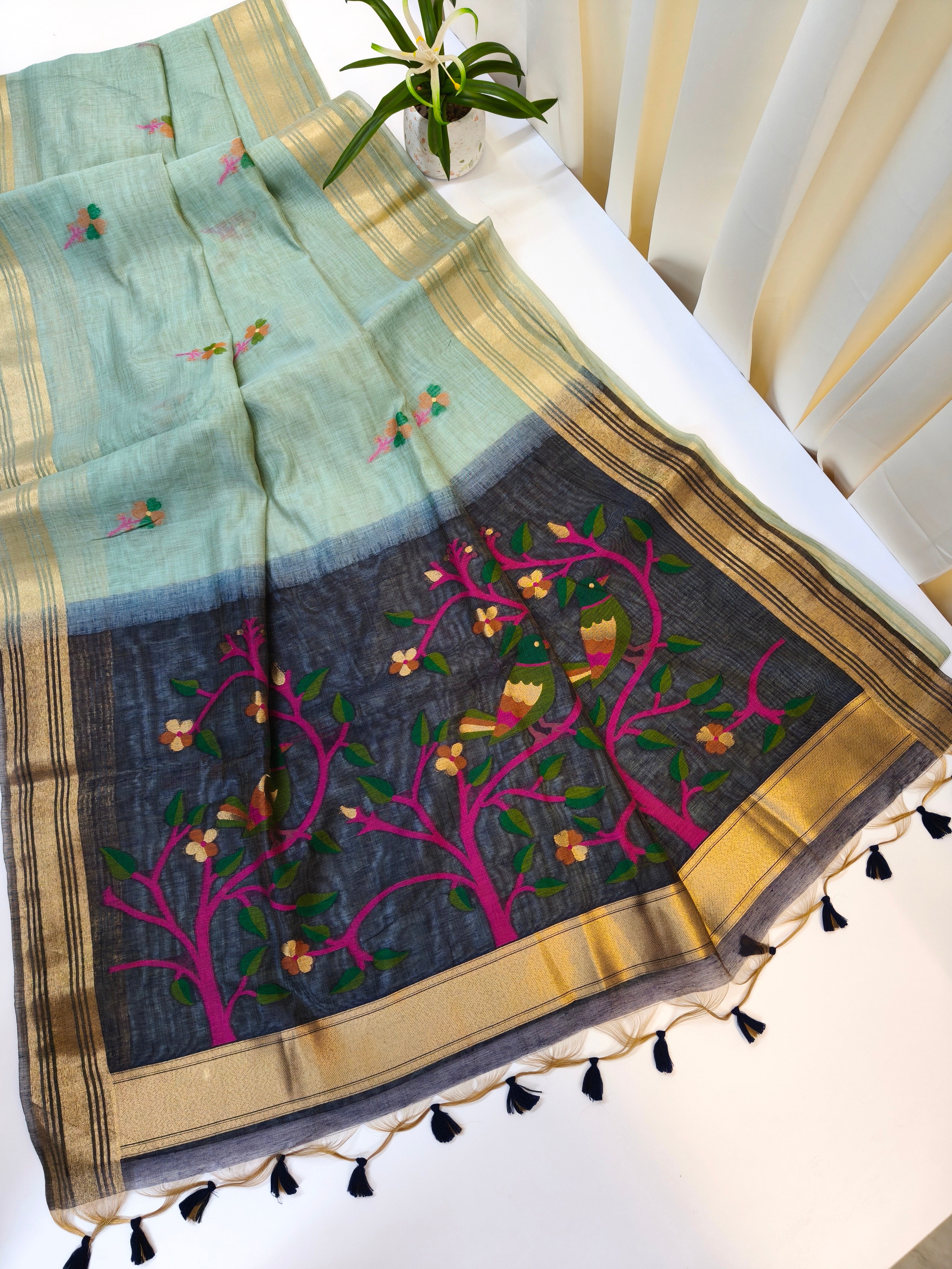 Muga Cotton Saree With Paithani Pattern - FIROZI