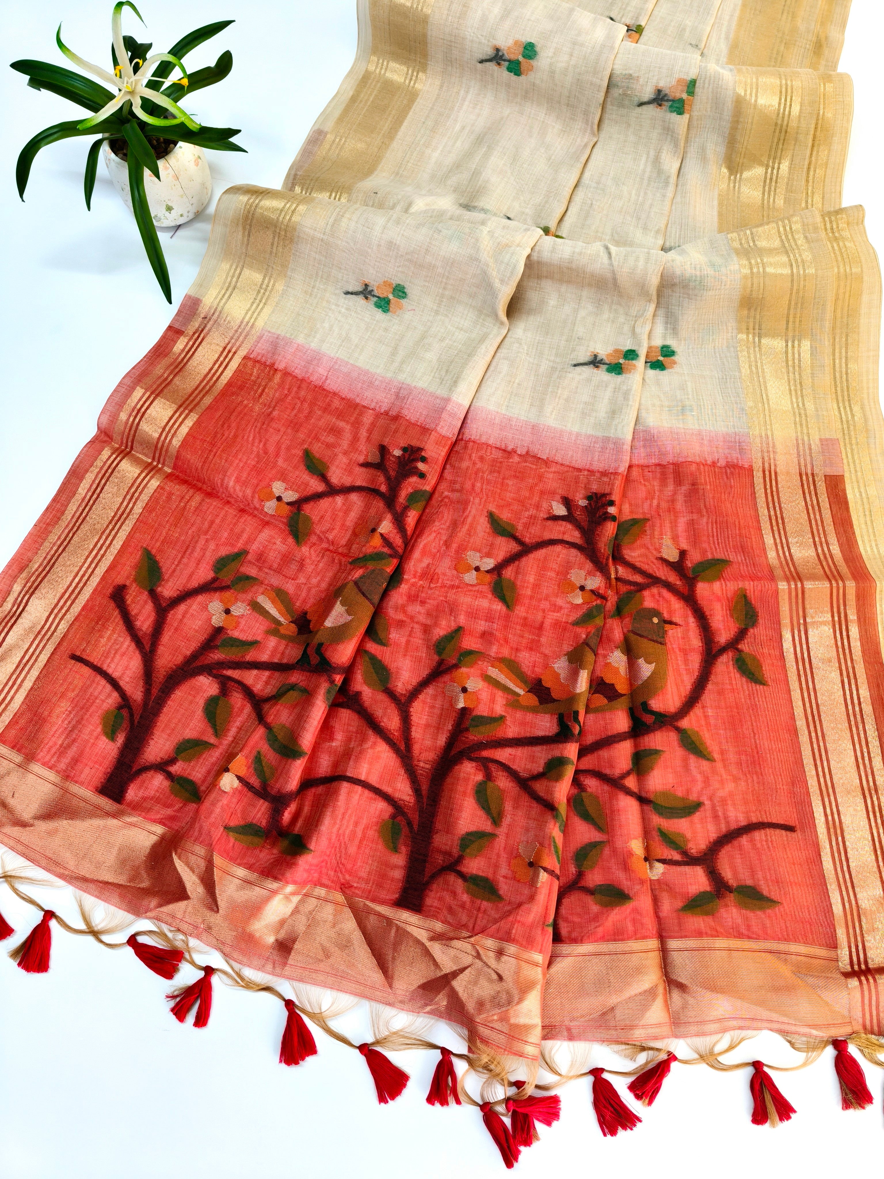 Muga Cotton Saree With Paithani Pattern - WHITE