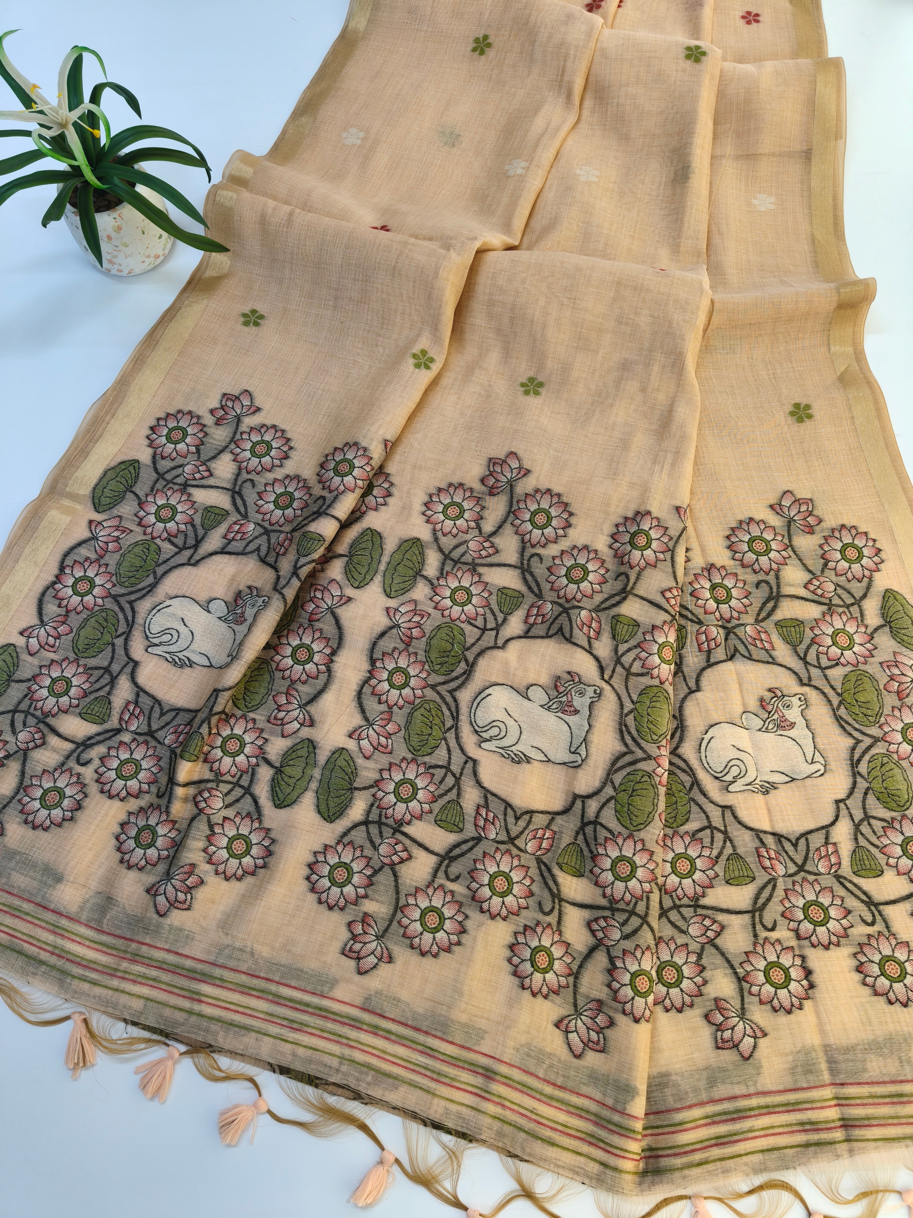 Muga Cotton Saree With Pichwai Pattern - PEACH