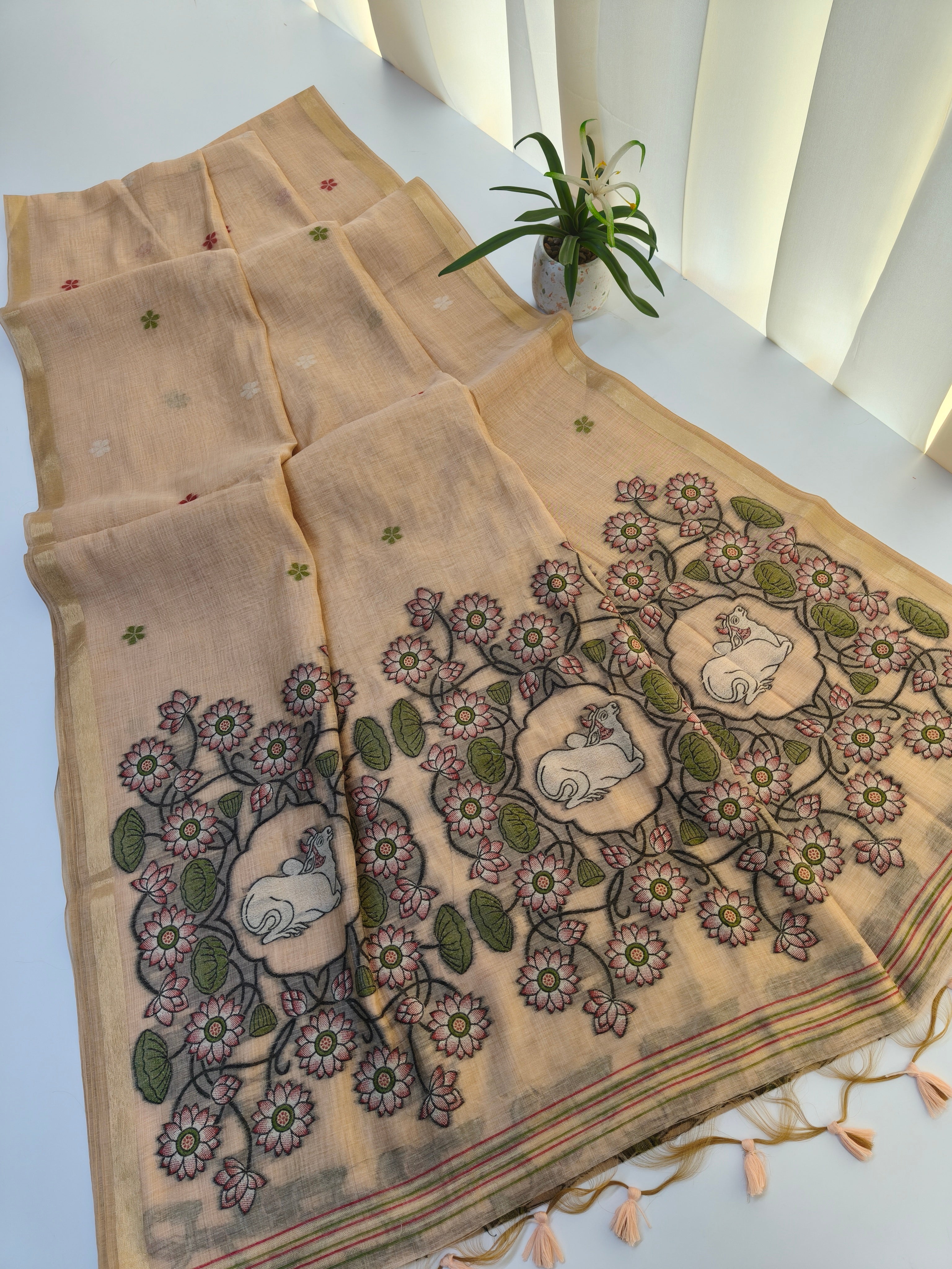 Muga Cotton Saree With Pichwai Pattern - PEACH