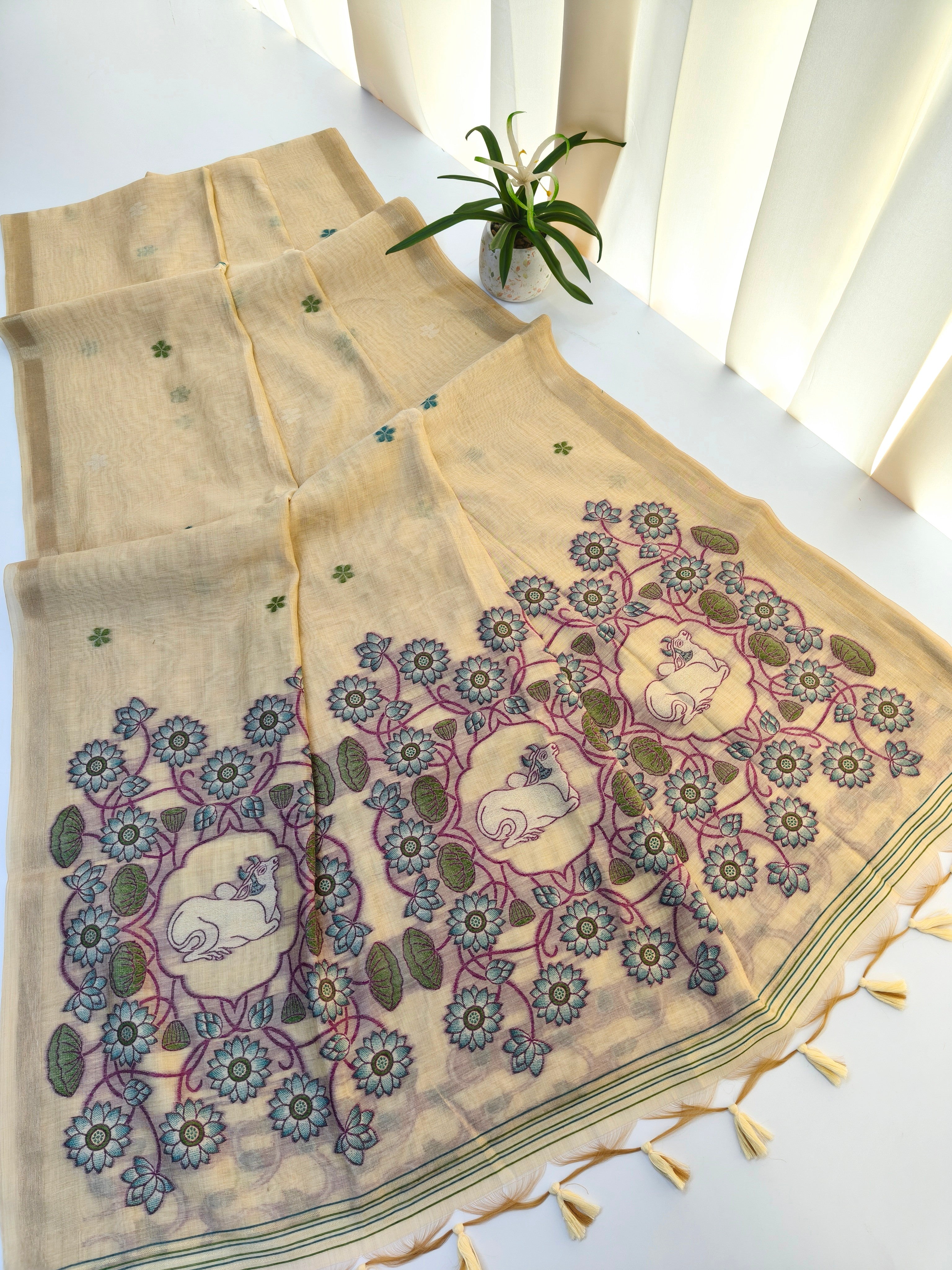 Muga Cotton Saree With Pichwai Pattern - YELLOW