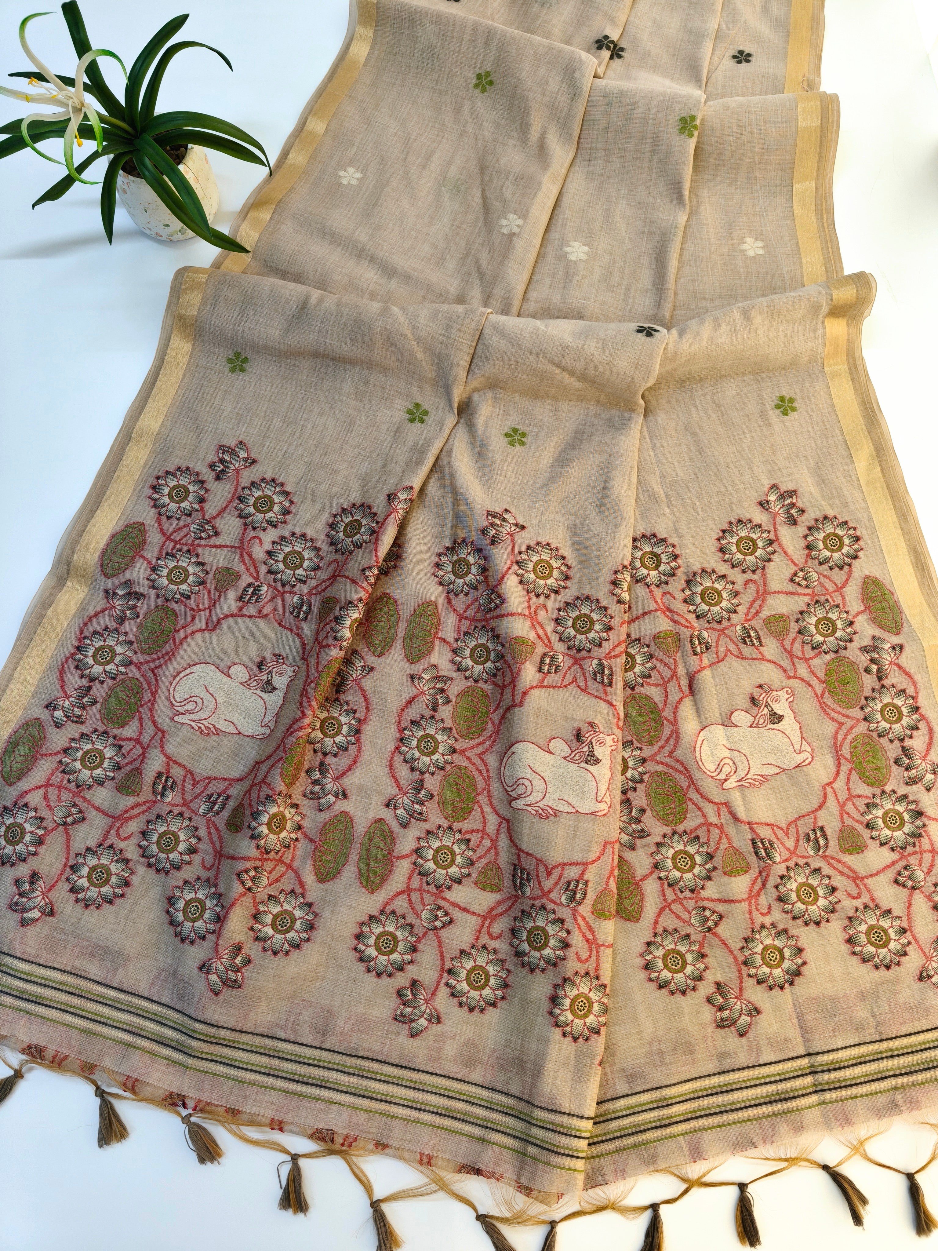 Muga Cotton Saree With Pichwai Pattern - GREY