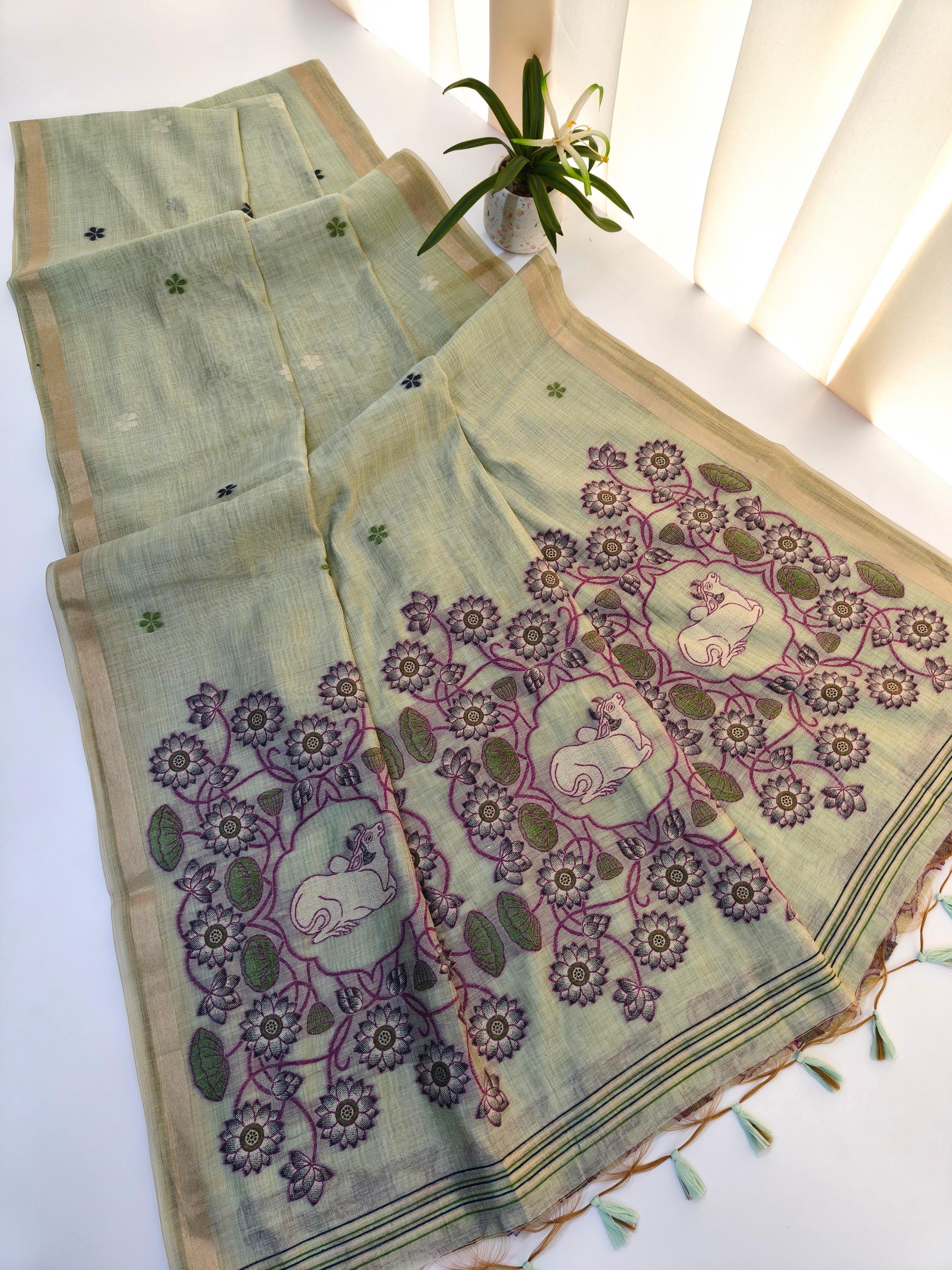 Muga Cotton Saree With Pichwai Pattern - PISTA