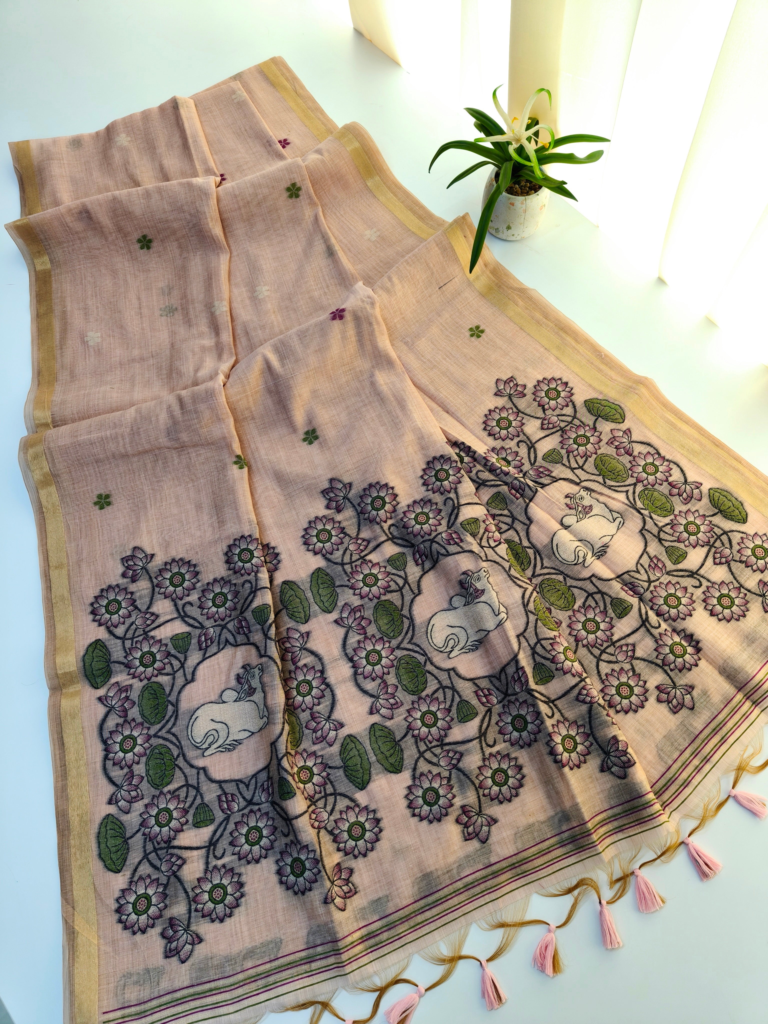 Muga Cotton Saree With Pichwai Pattern - PINK