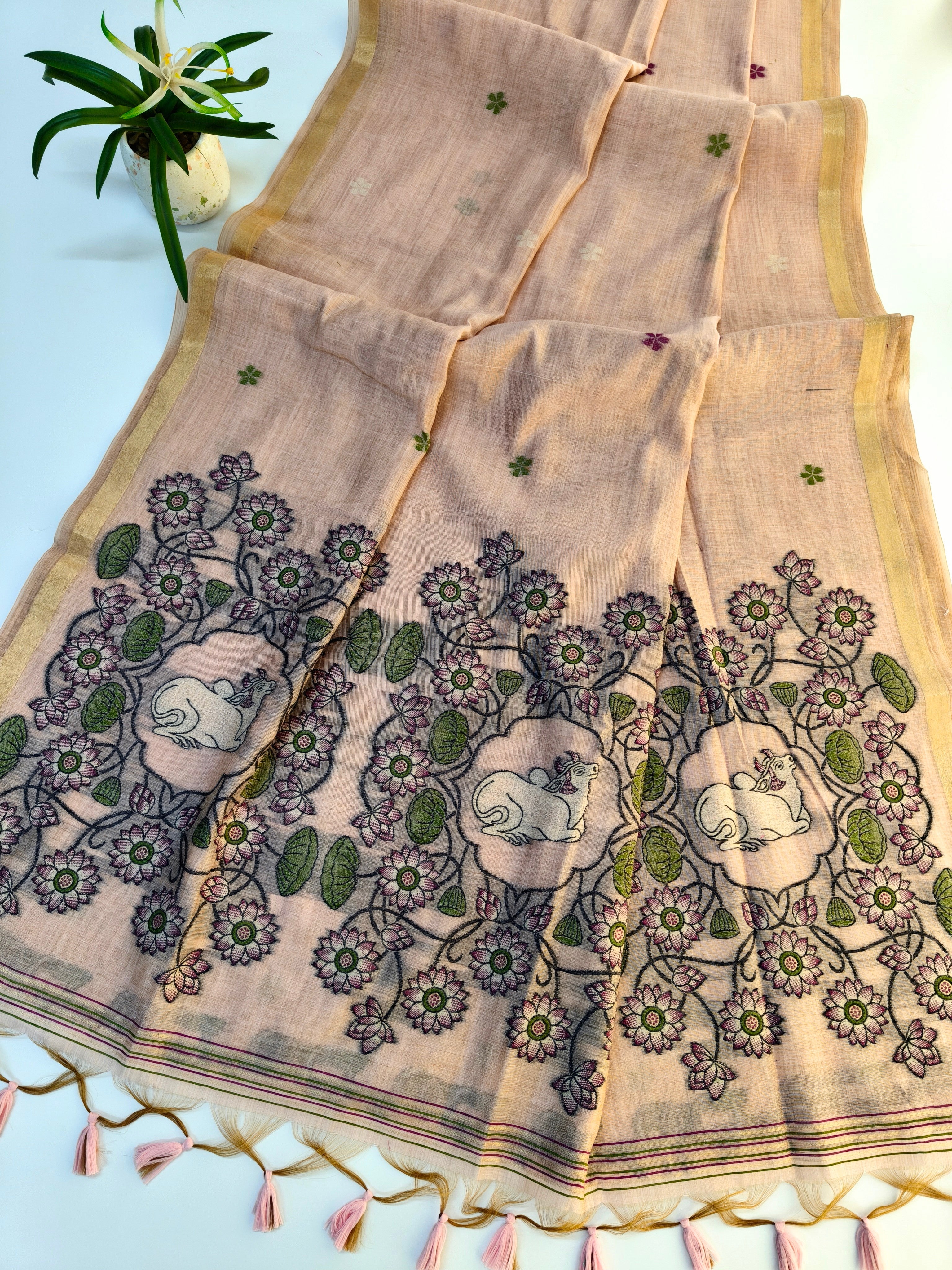 Muga Cotton Saree With Pichwai Pattern - PINK