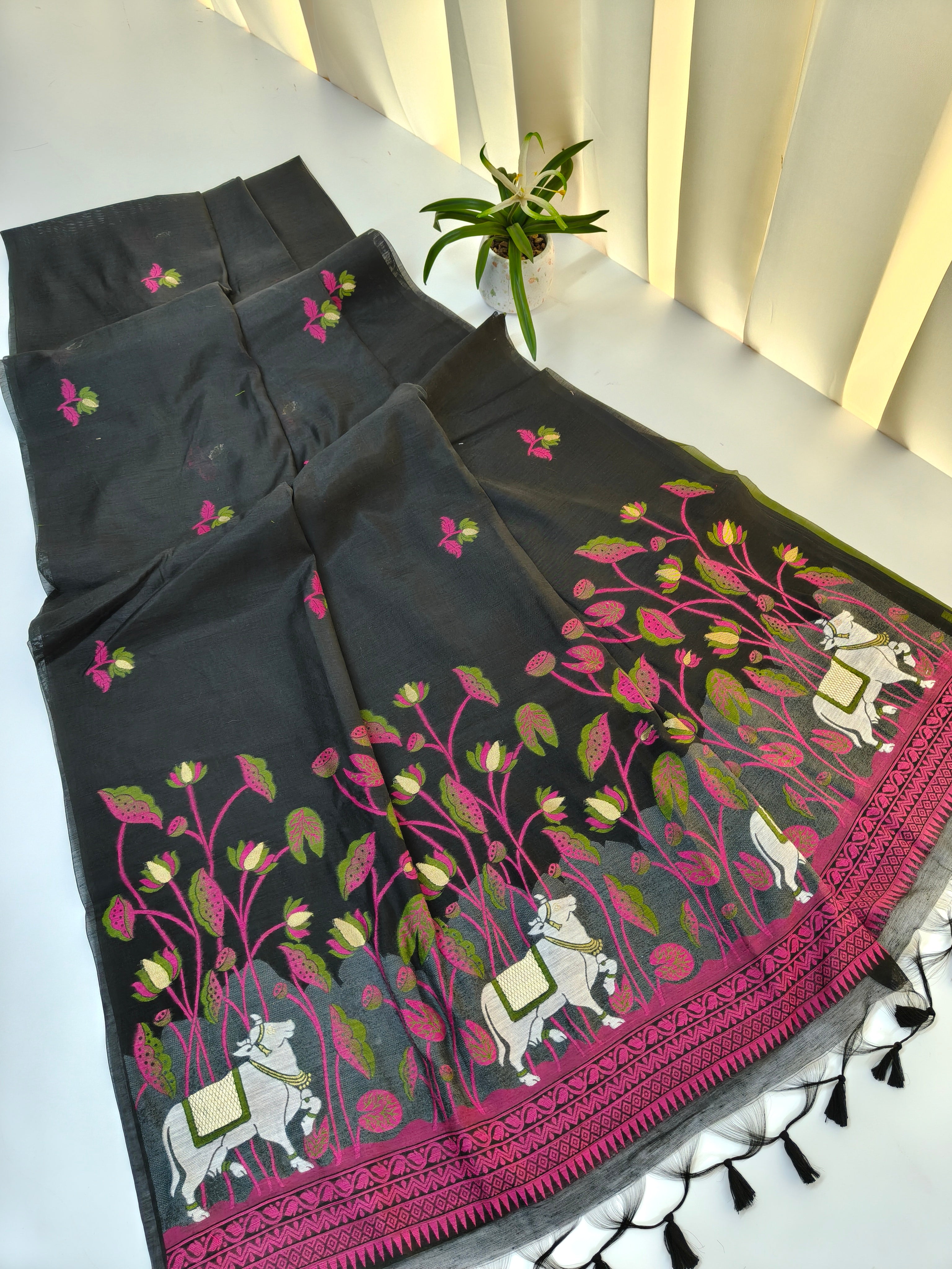 Muga Cotton Saree With Pichwai Design 2 - BLACK