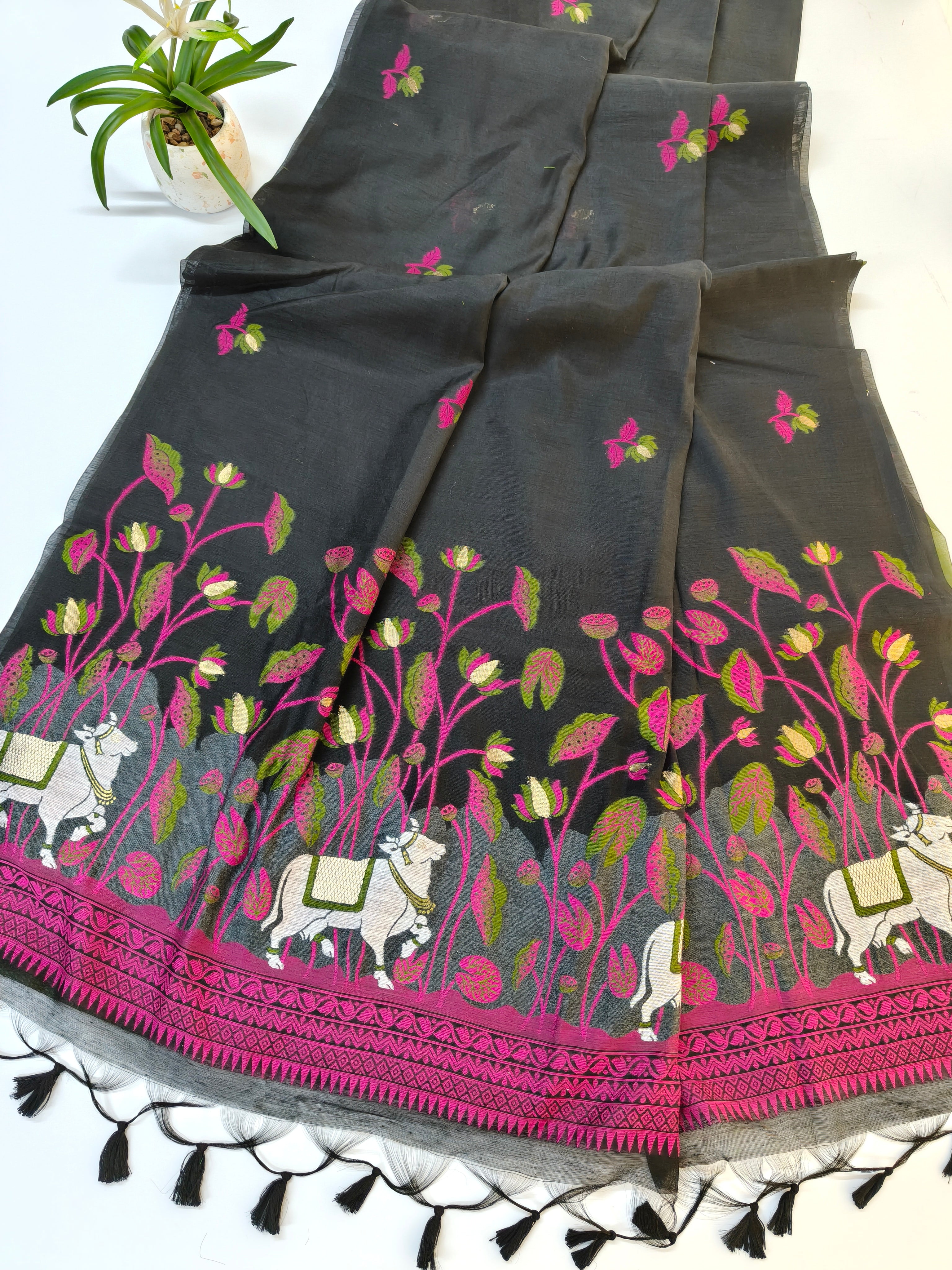 Muga Cotton Saree With Pichwai Design 2 - BLACK