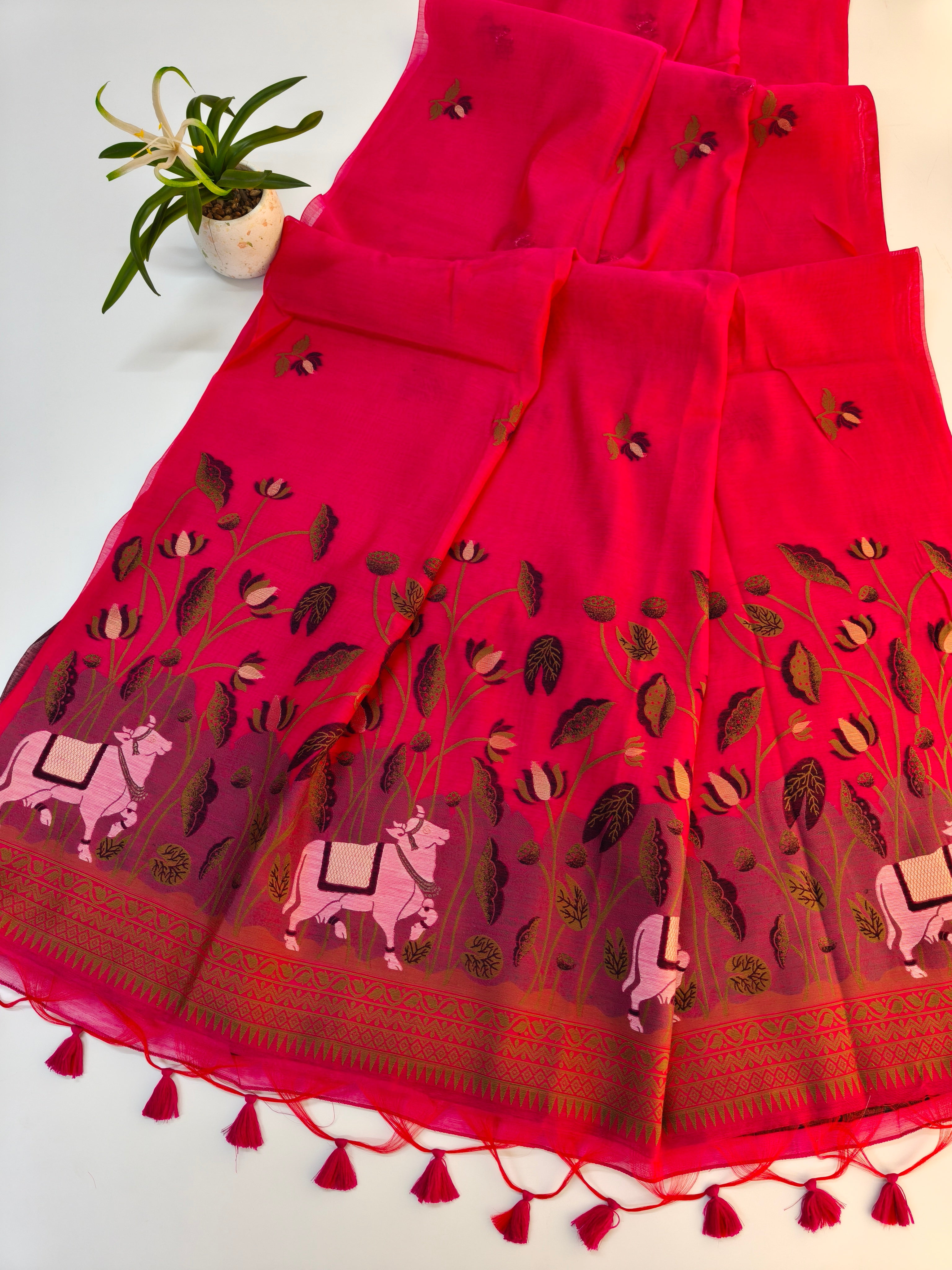 Muga Cotton Saree With Pichwai Design 2 - PINK