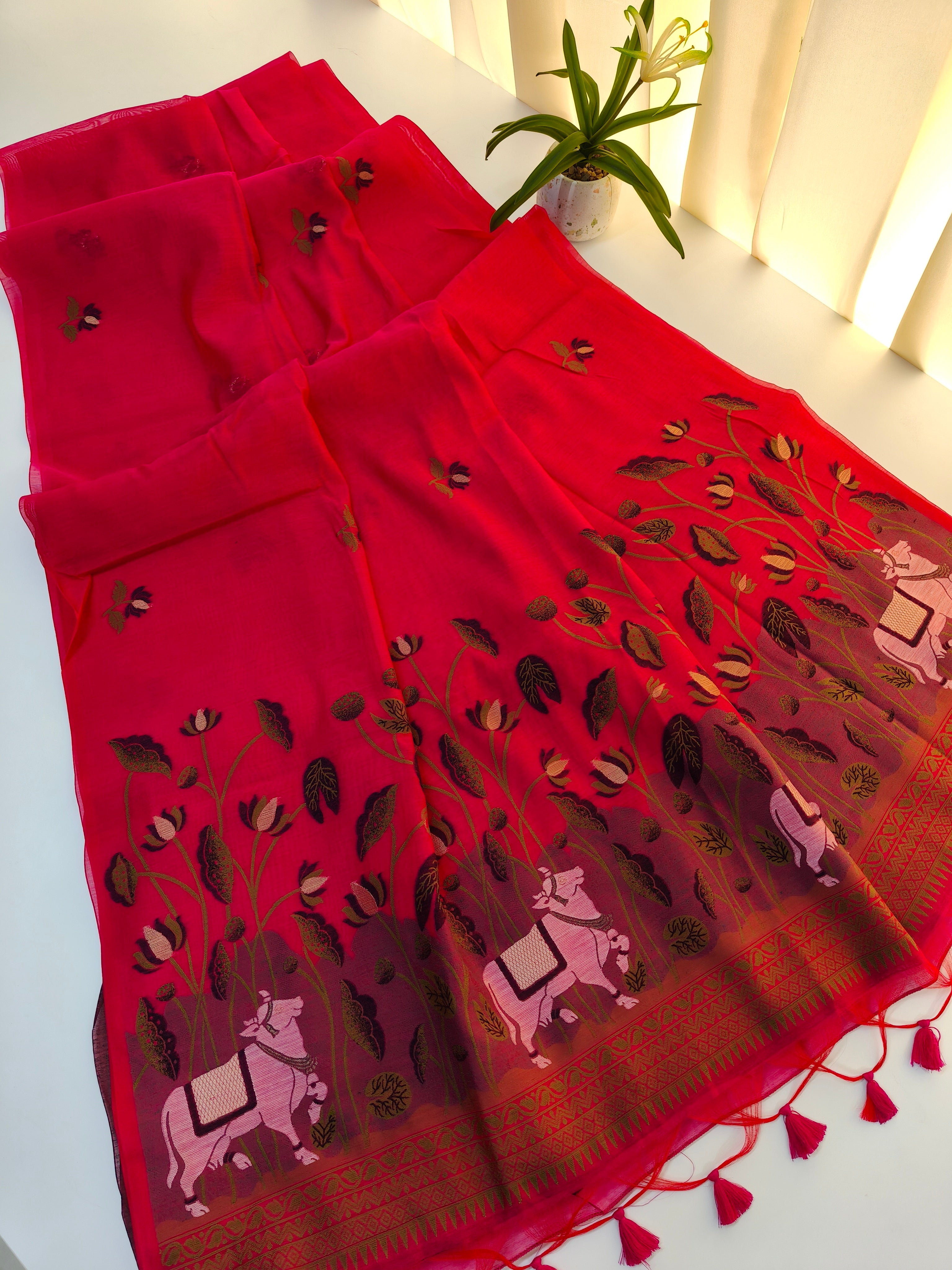 Muga Cotton Saree With Pichwai Design 2 - PINK