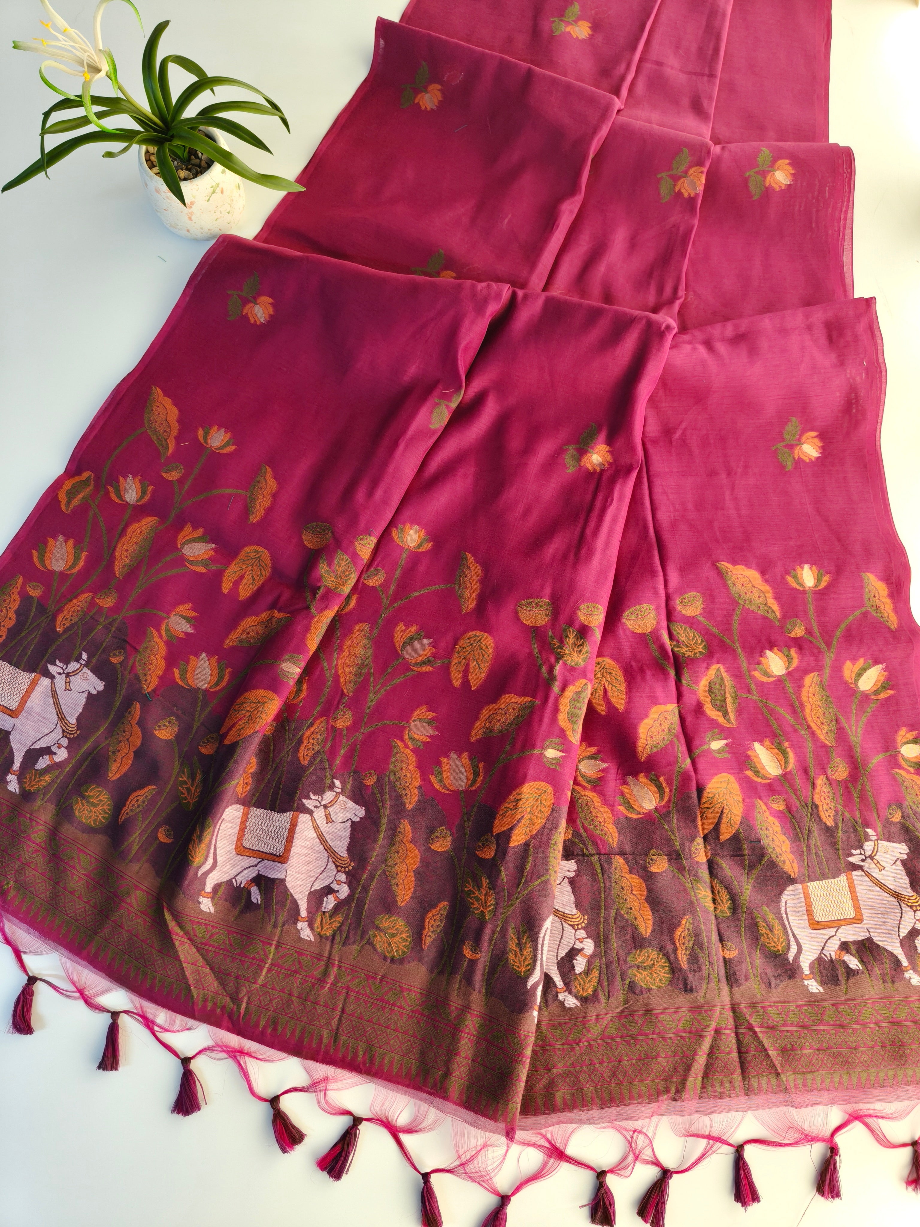 Muga Cotton Saree With Pichwai Design 2 - WINE