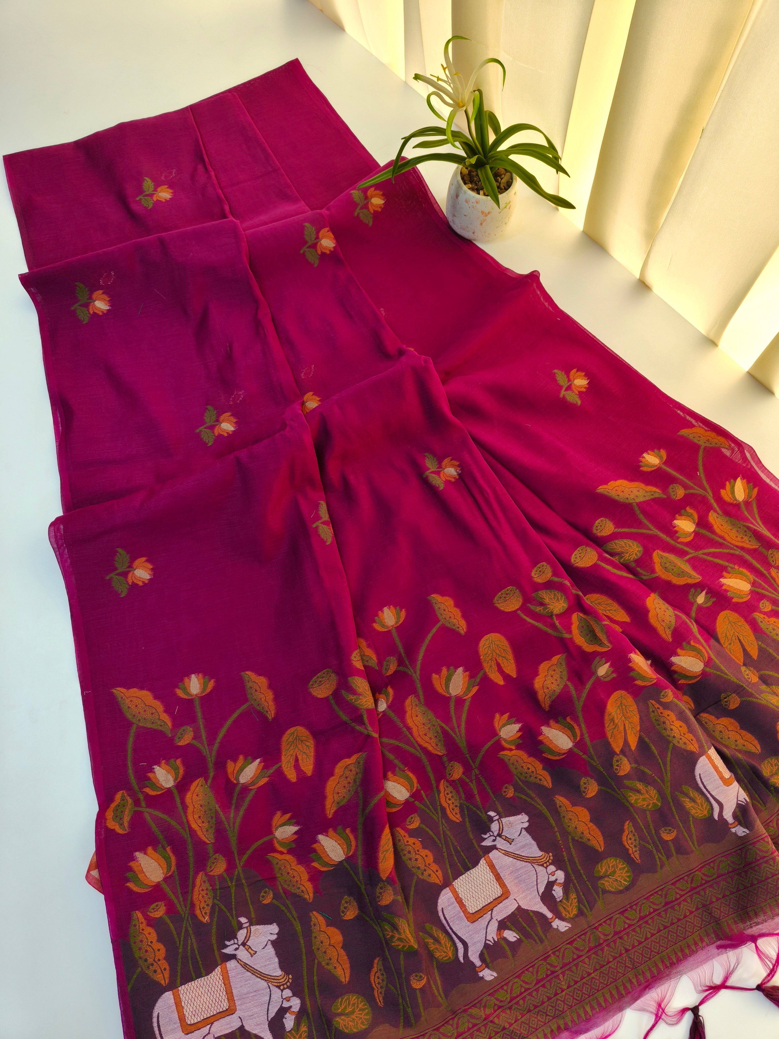 Muga Cotton Saree With Pichwai Design 2 - WINE