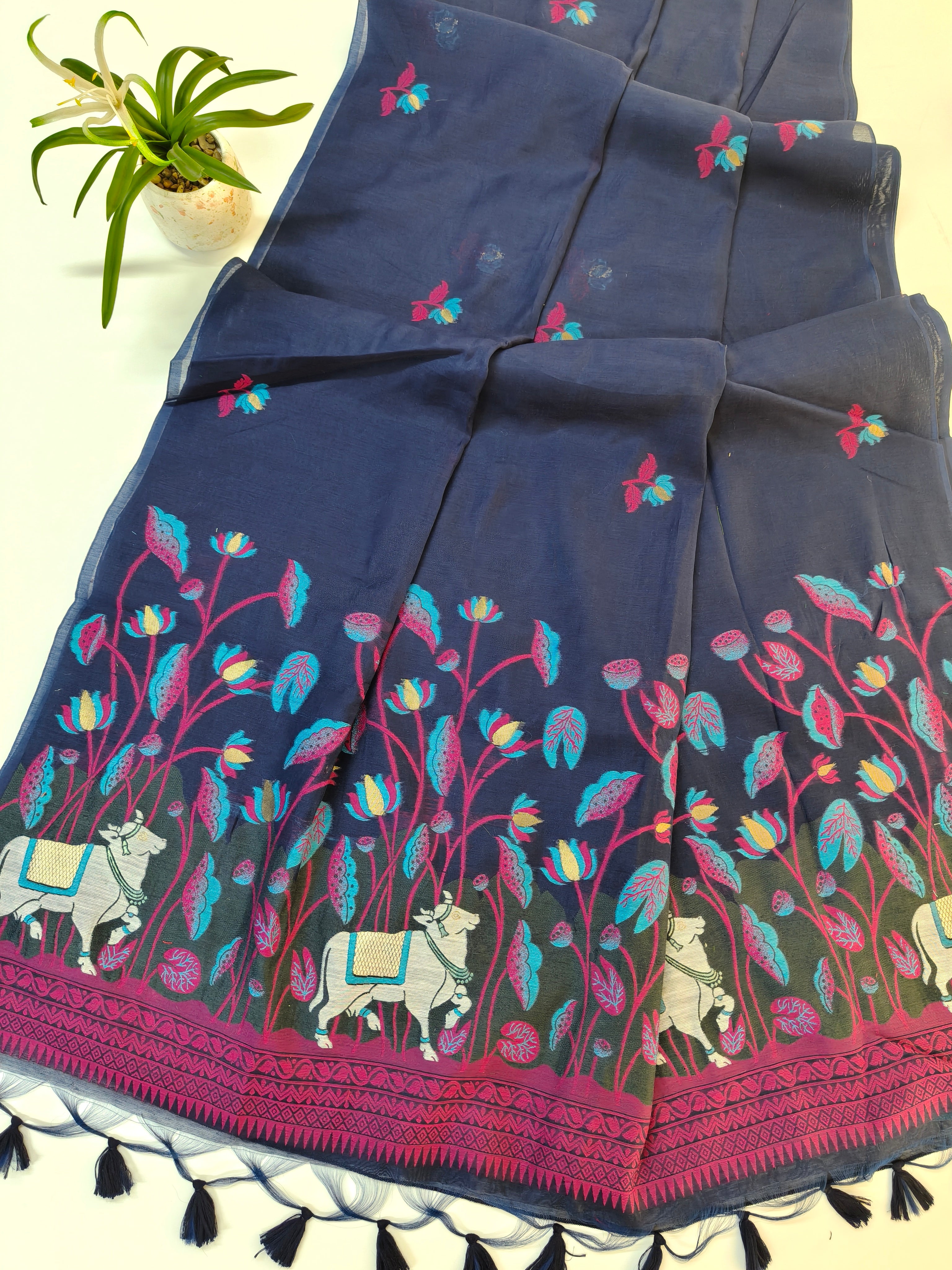 Muga Cotton Saree With Pichwai Design 2 - BLUE