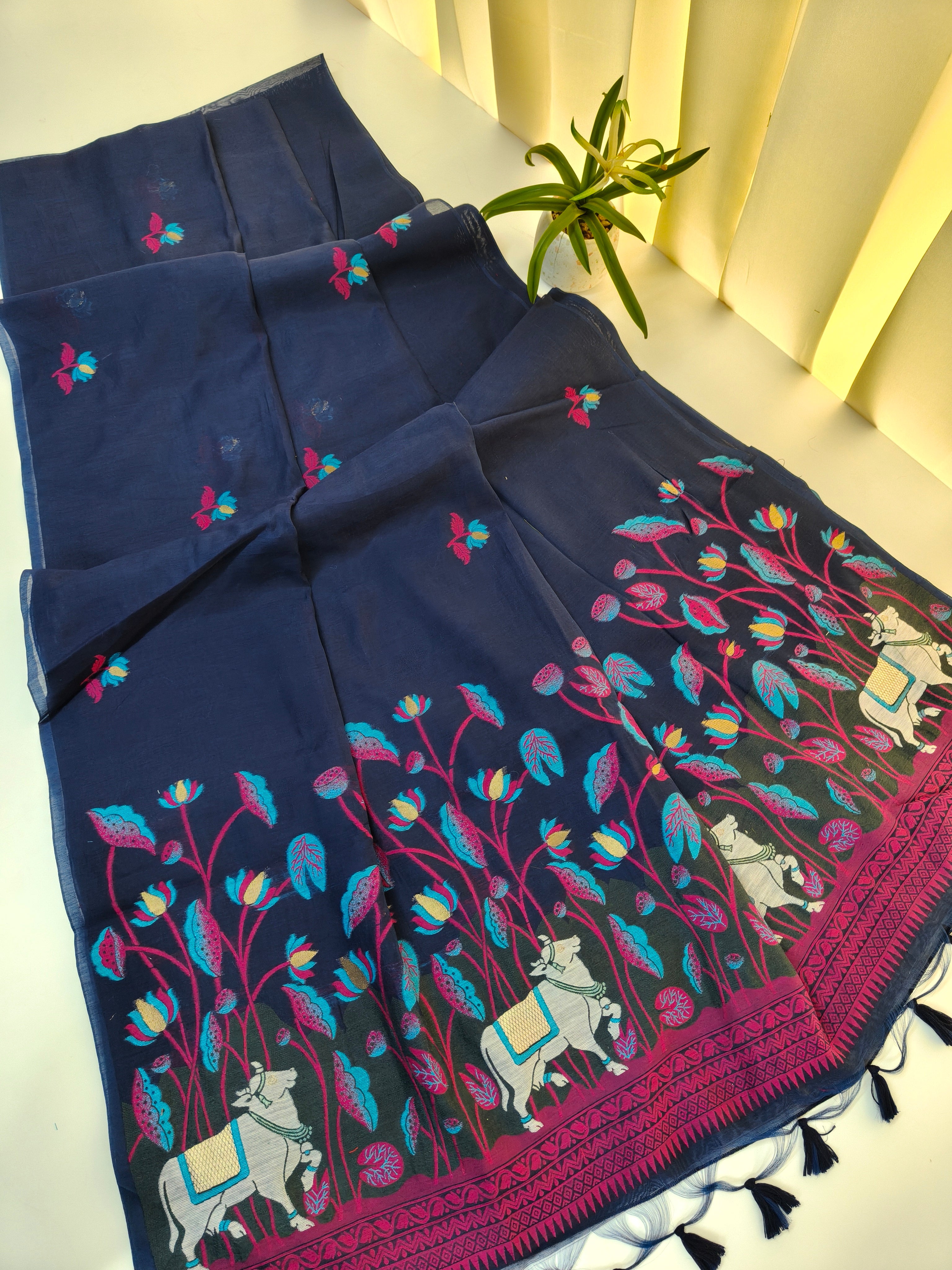 Muga Cotton Saree With Pichwai Design 2 - BLUE