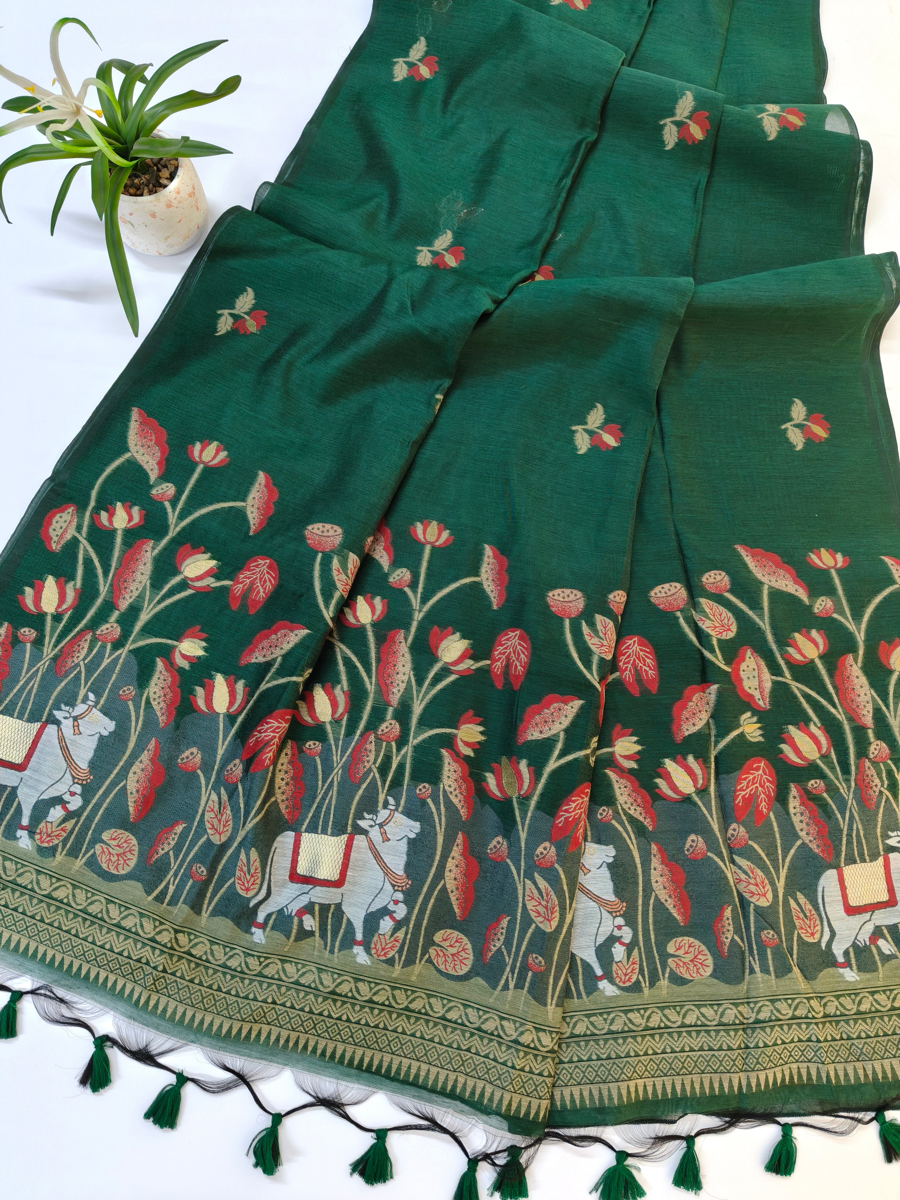 Muga Cotton Saree With Pichwai Design 2 - GREEN