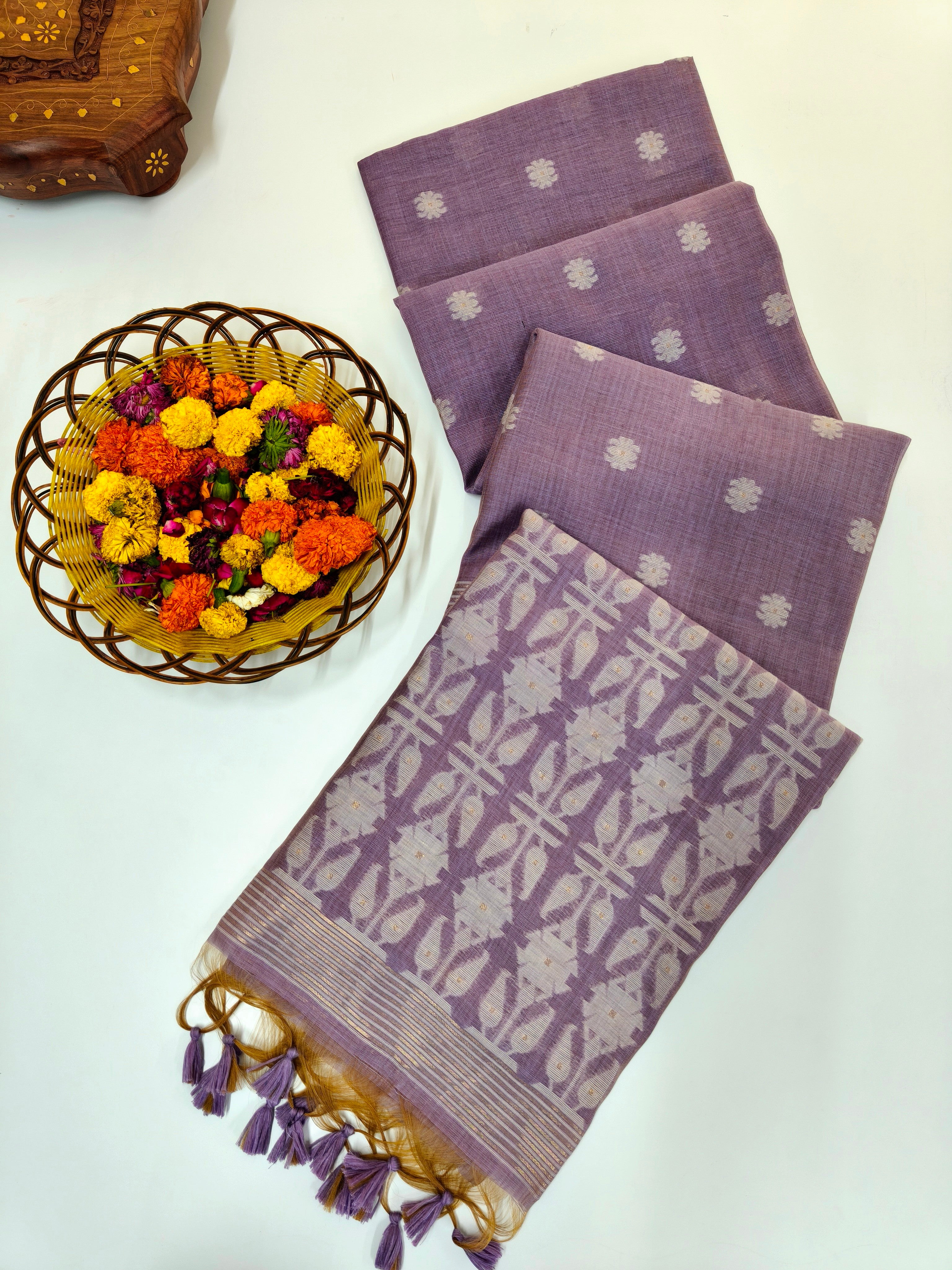 Muga Cotton Saree With Jamdani Pattern 1  - PURPLE