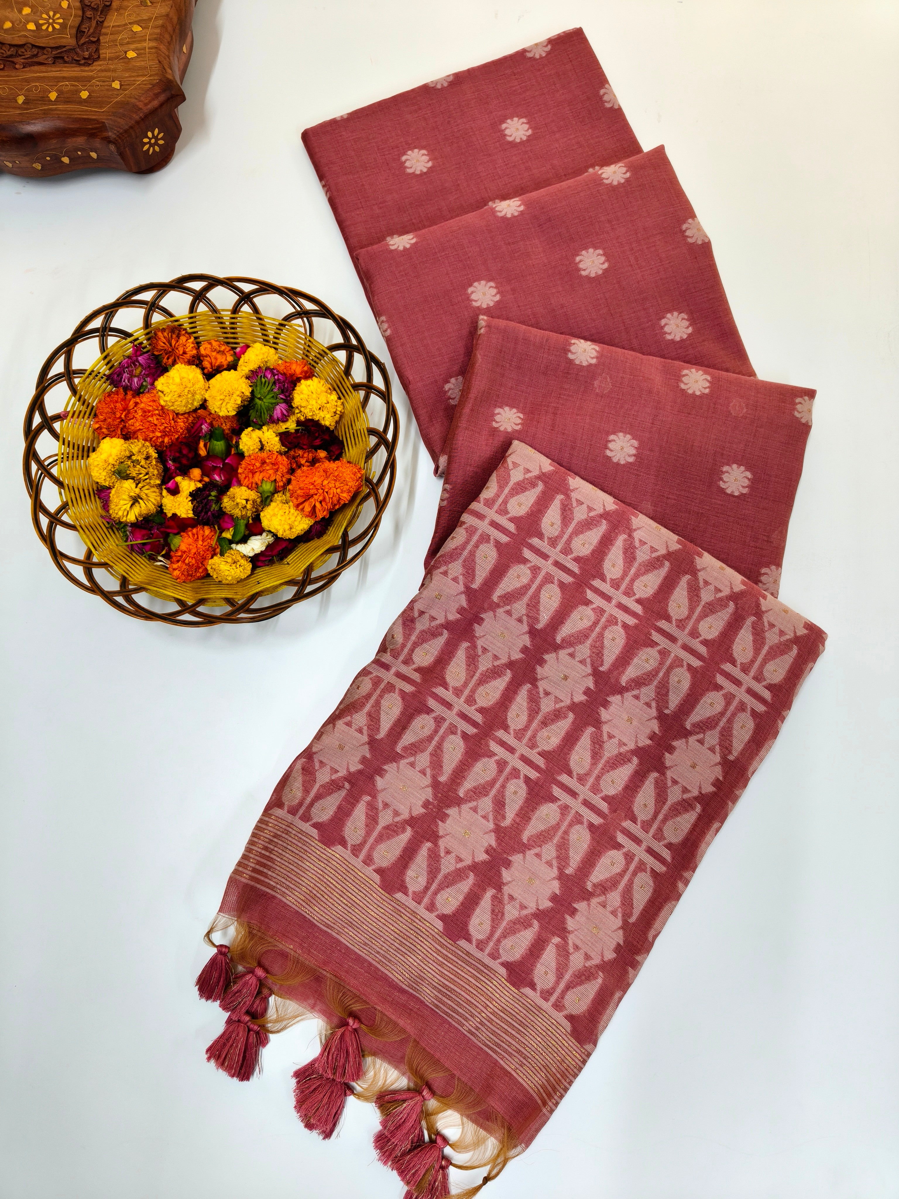 Muga Cotton Saree With Jamdani Pattern 1  - PINK