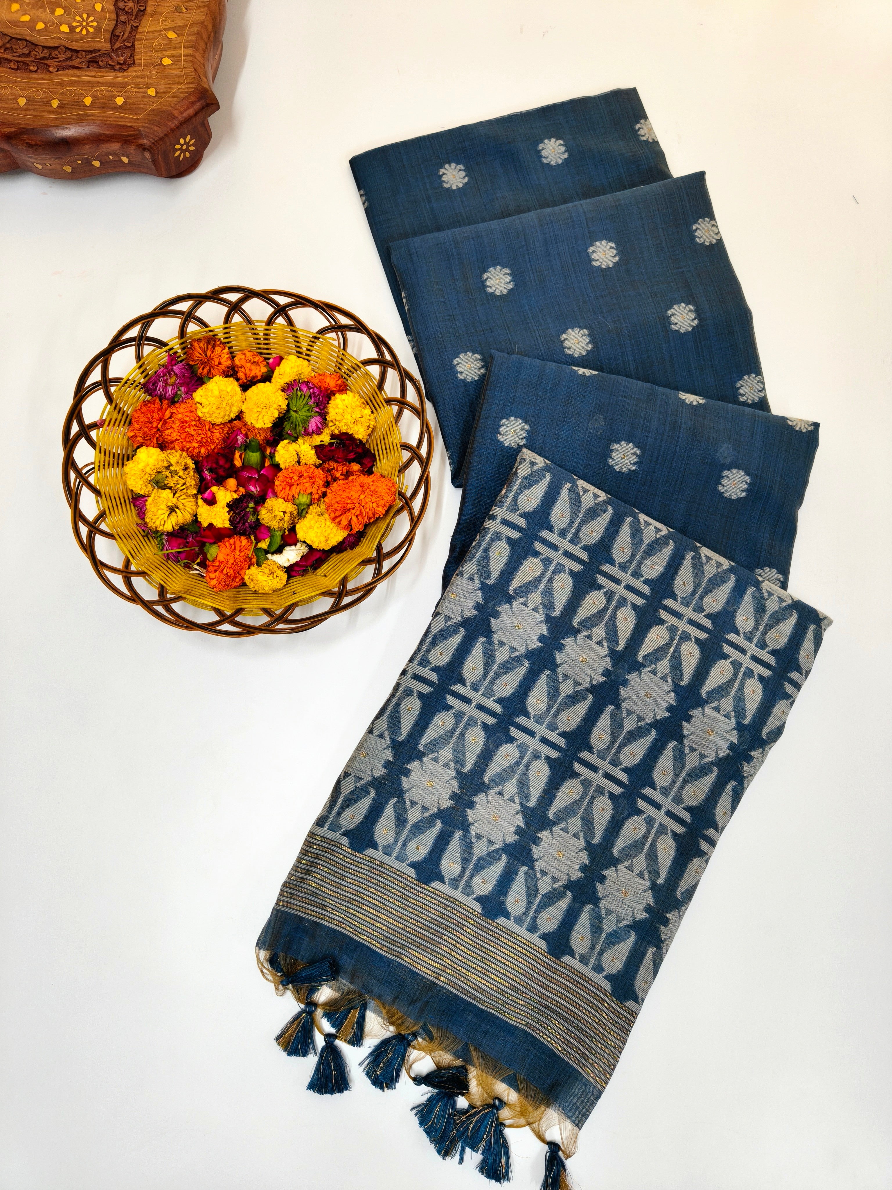 Muga Cotton Saree With Jamdani Pattern 1  - BLUE