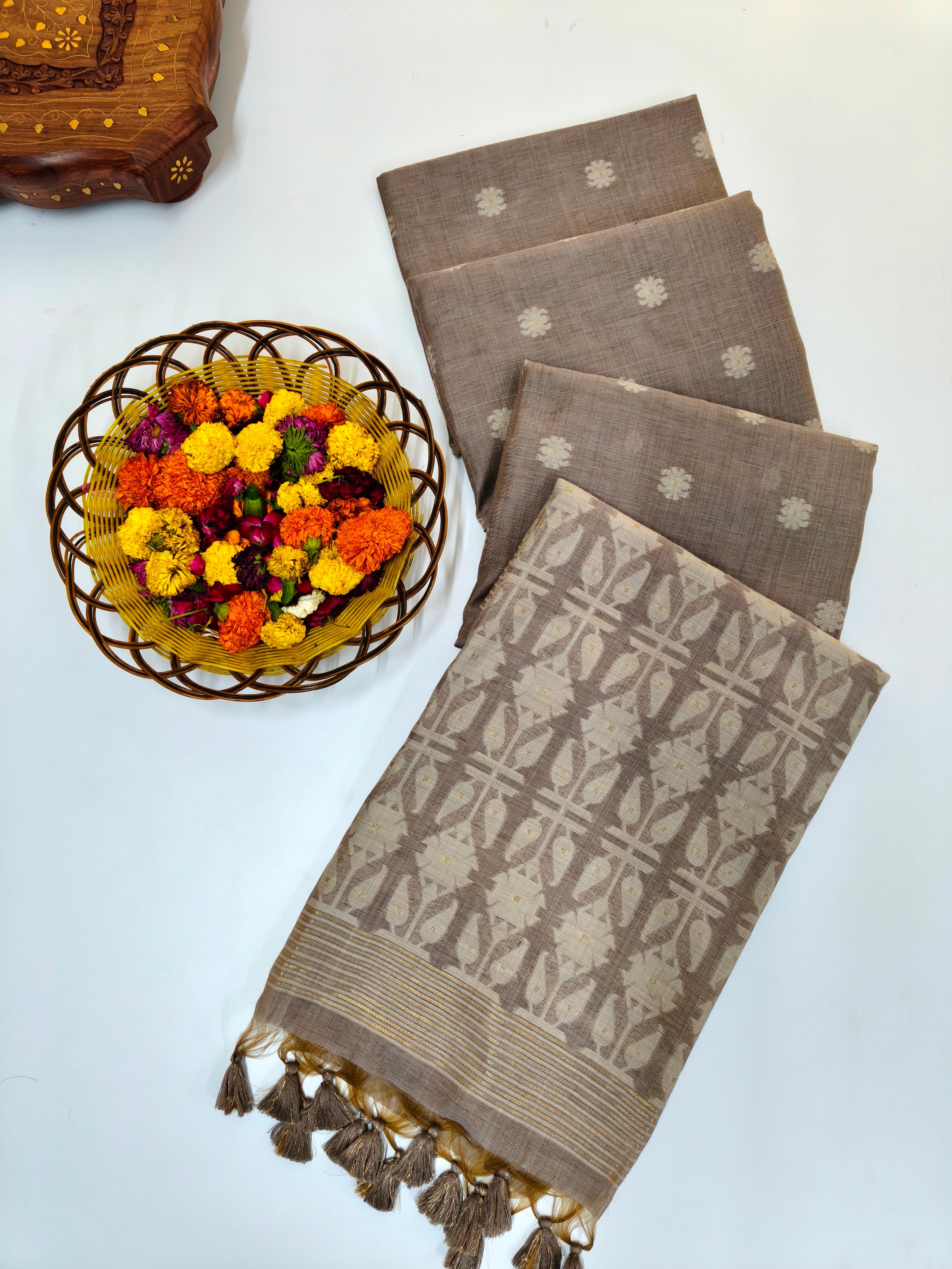 Muga Cotton Saree With Jamdani Pattern 1  - CHIKU