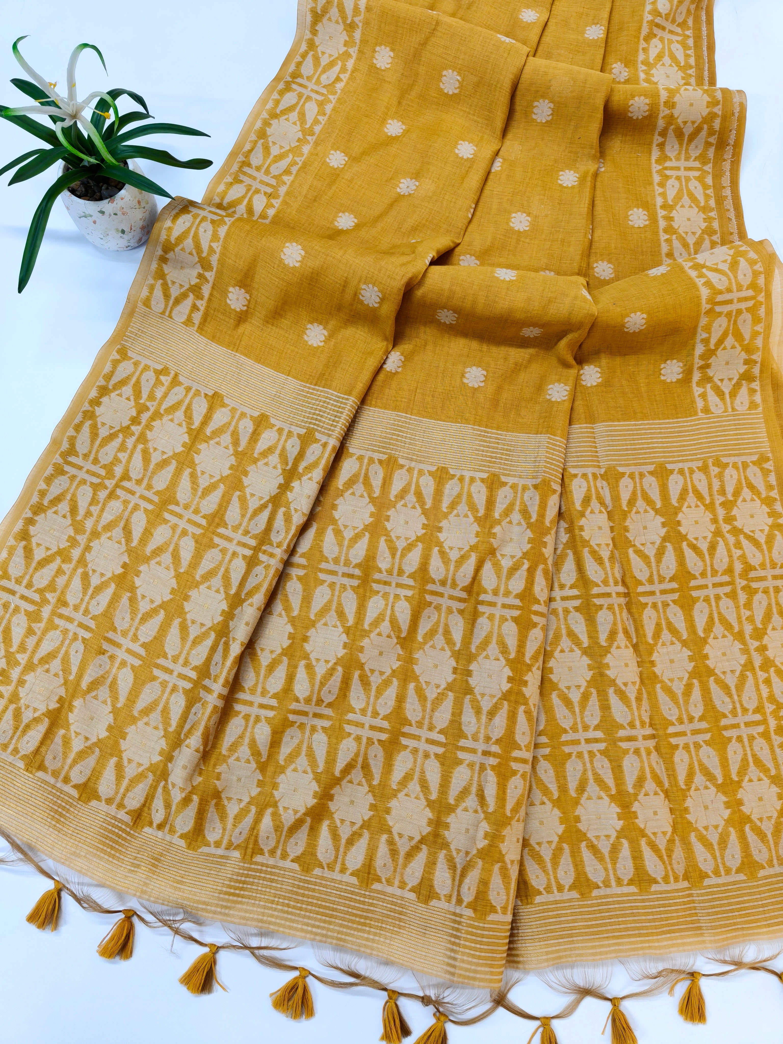 Muga Cotton Saree With Jamdani Pattern 1  - YELLOW