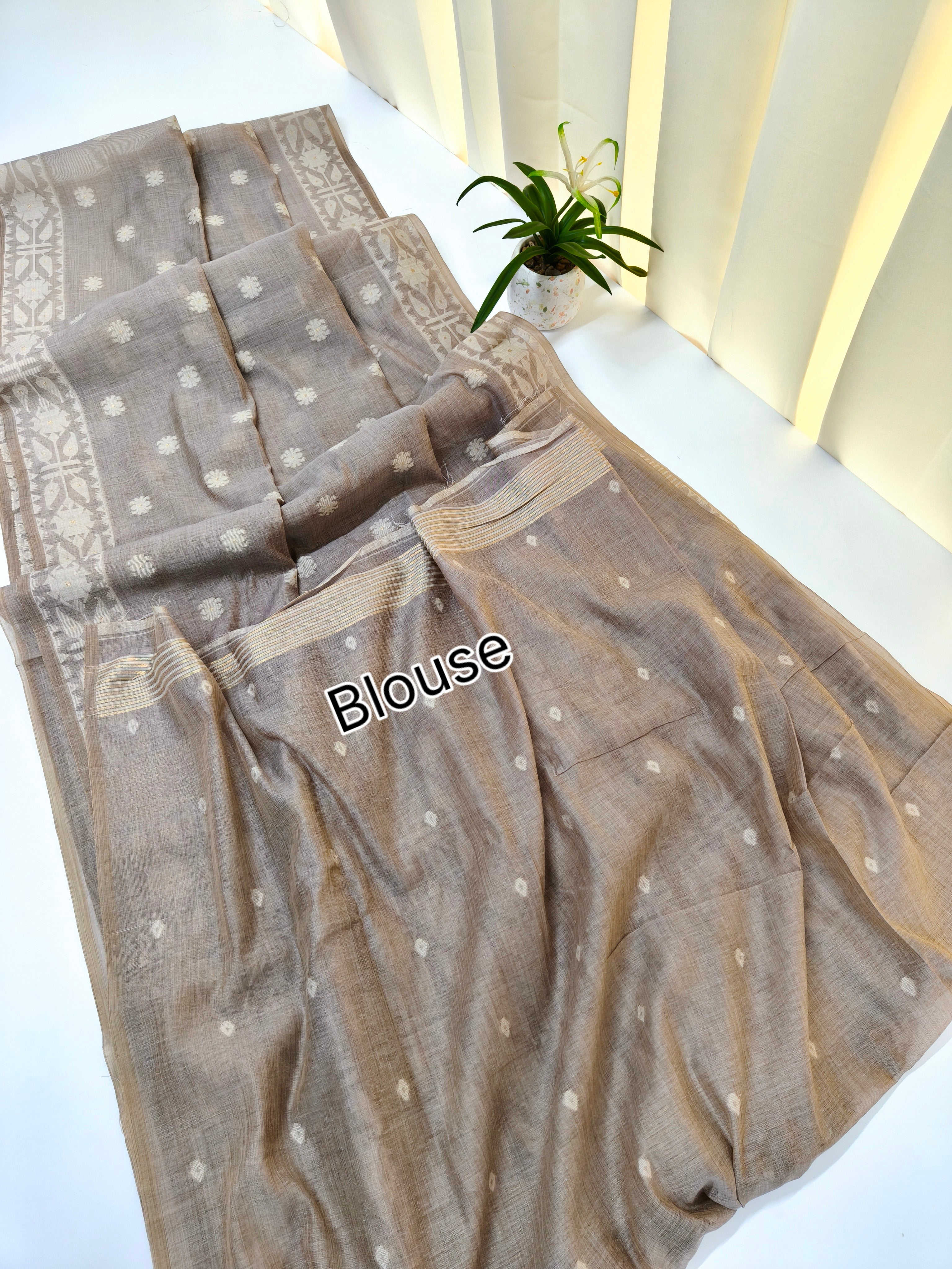 Muga Cotton Saree With Jamdani Pattern 1  - CHIKU