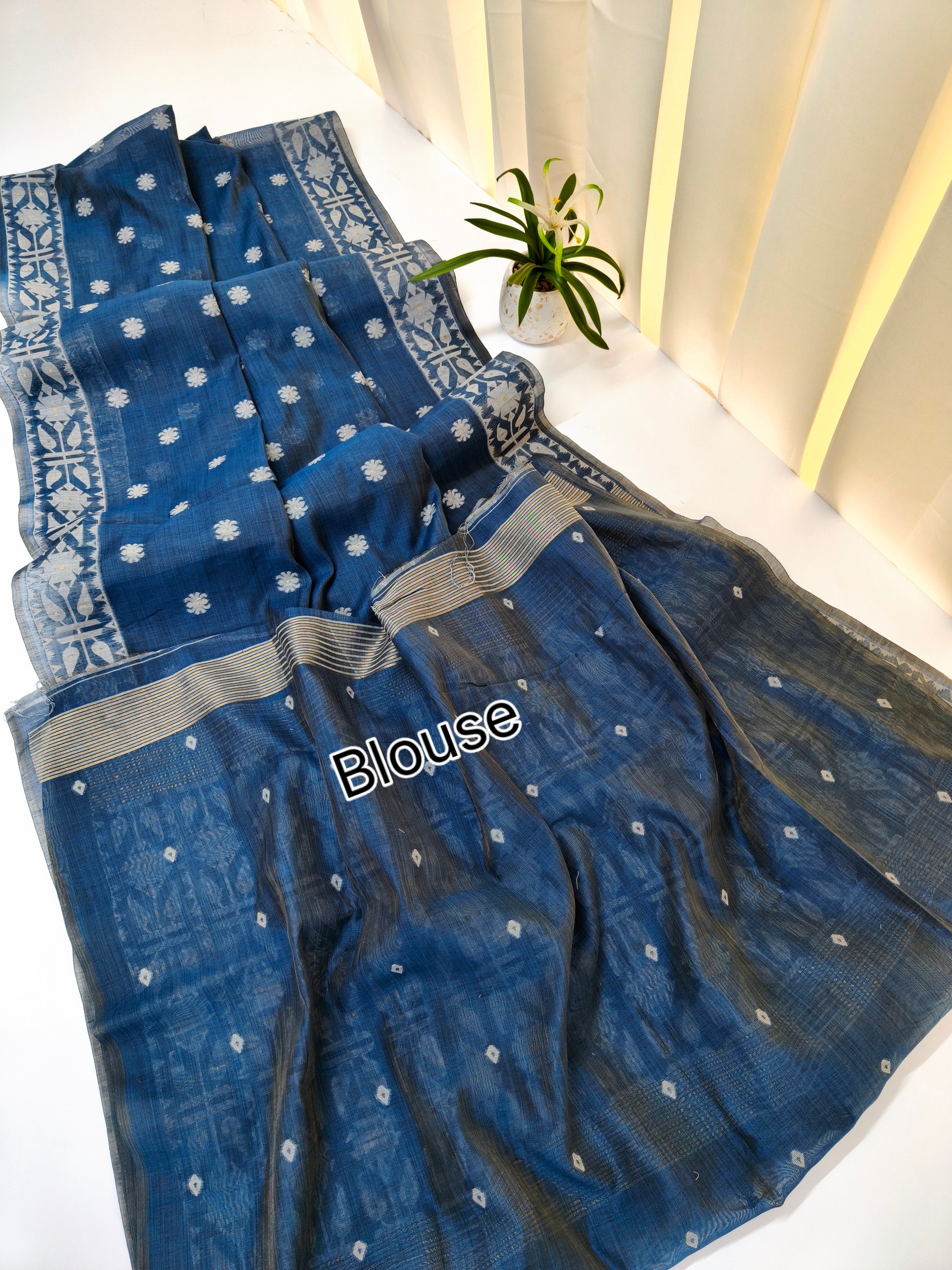 Muga Cotton Saree With Jamdani Pattern 1  - BLUE