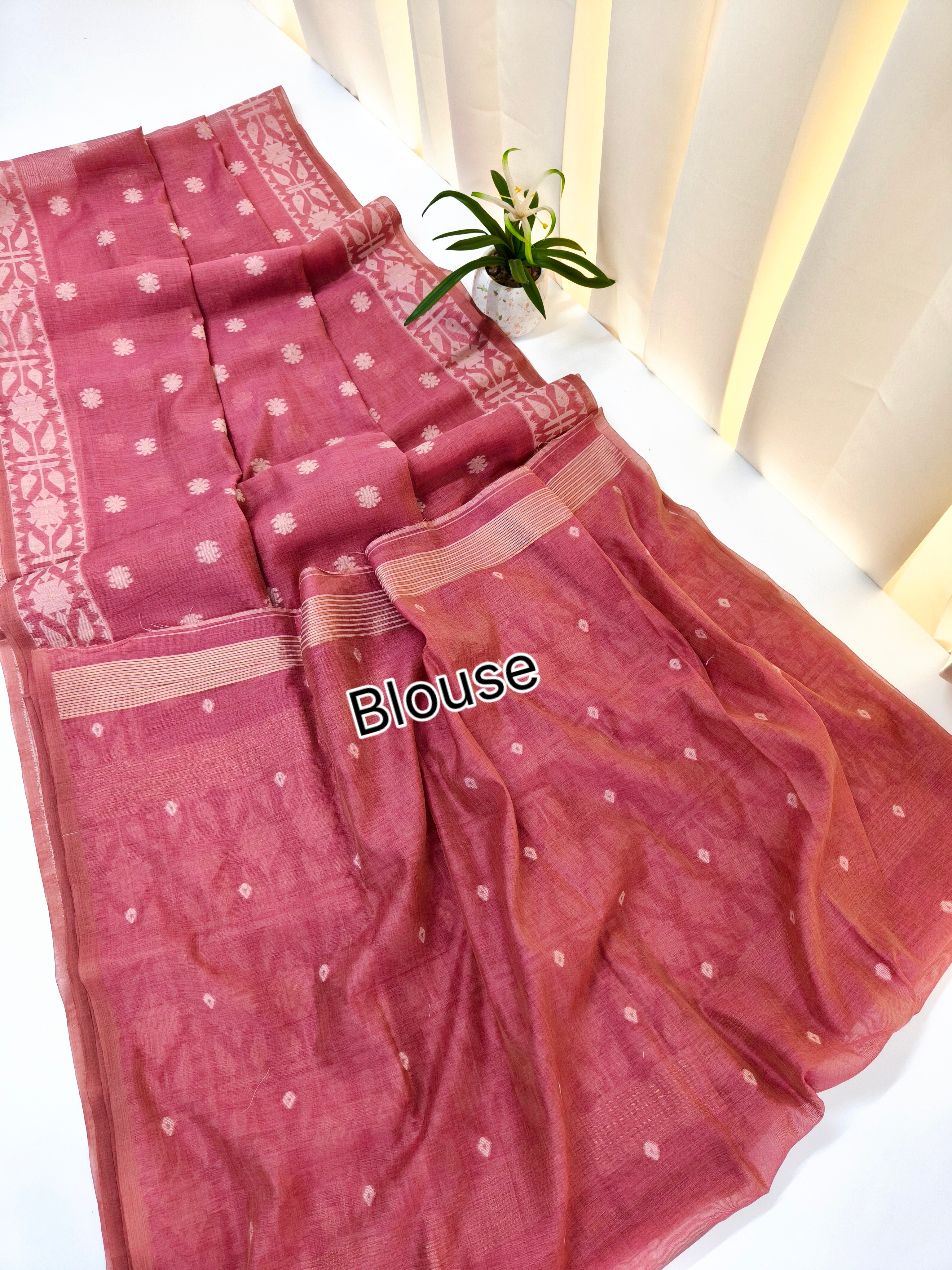 Muga Cotton Saree With Jamdani Pattern 1  - PINK