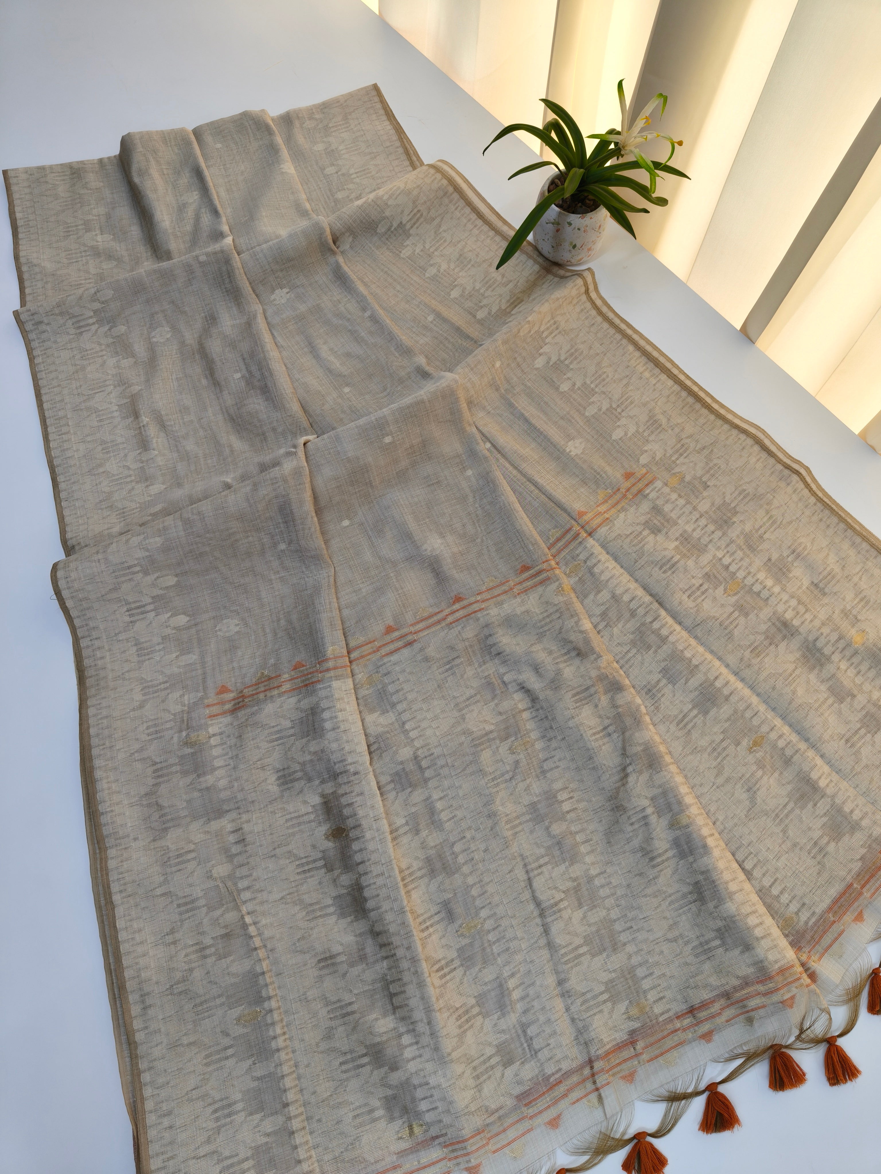 Muga Cotton Saree With Jamdani Design 2 - ORANGE