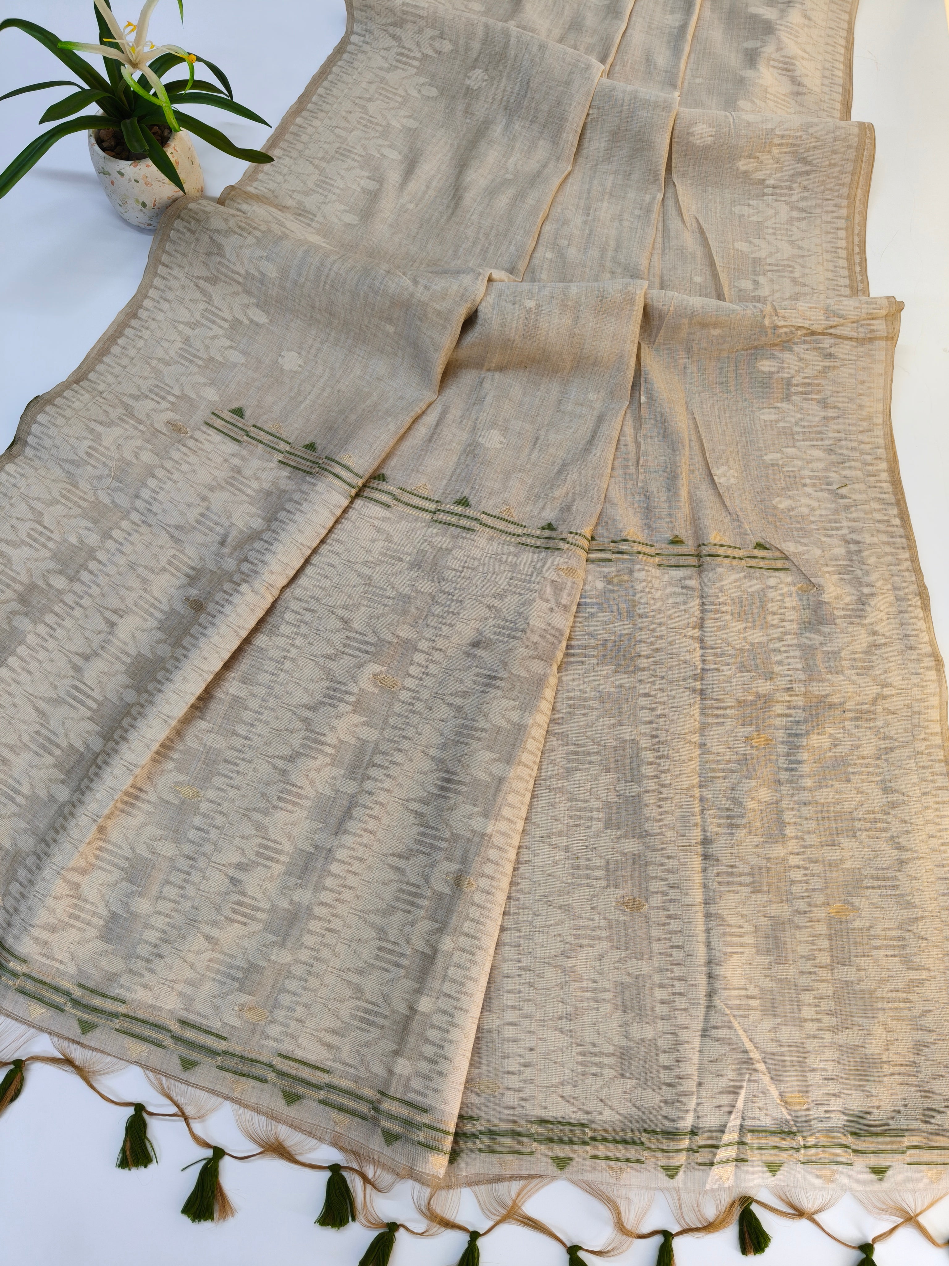 Muga Cotton Saree With Jamdani Design 2 - GREEN