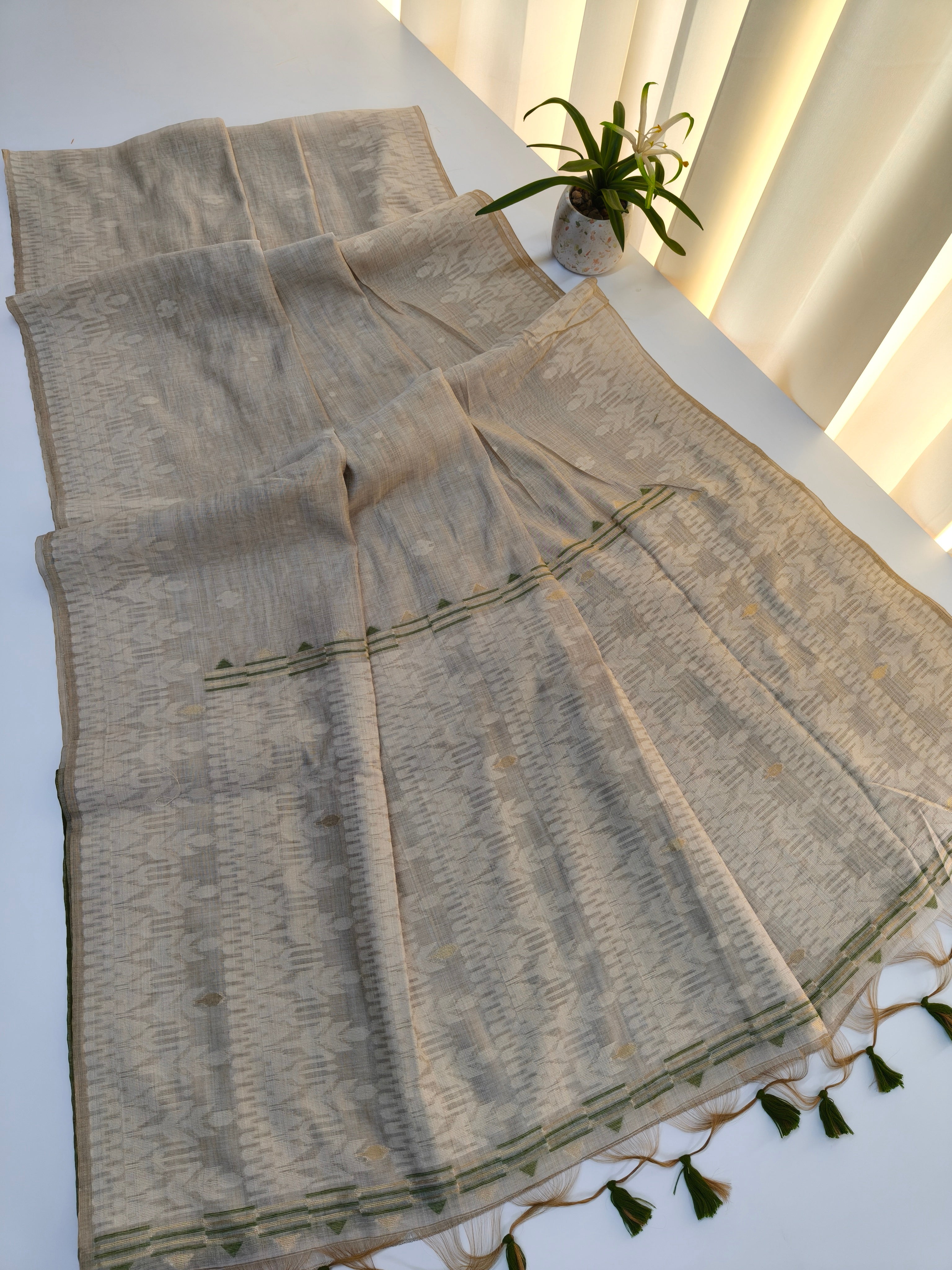 Muga Cotton Saree With Jamdani Design 2 - GREEN