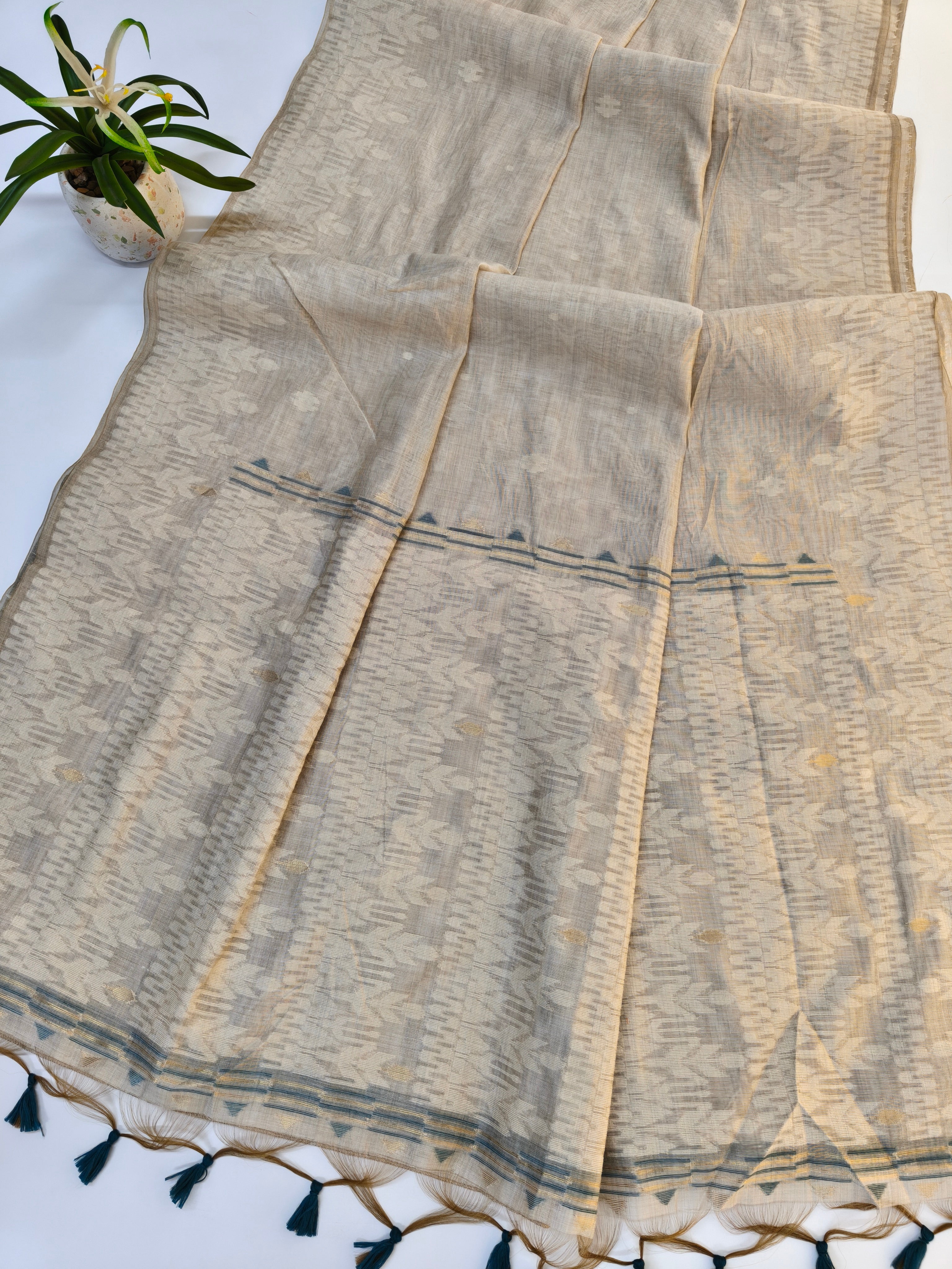 Muga Cotton Saree With Jamdani Design 2 - BLUE