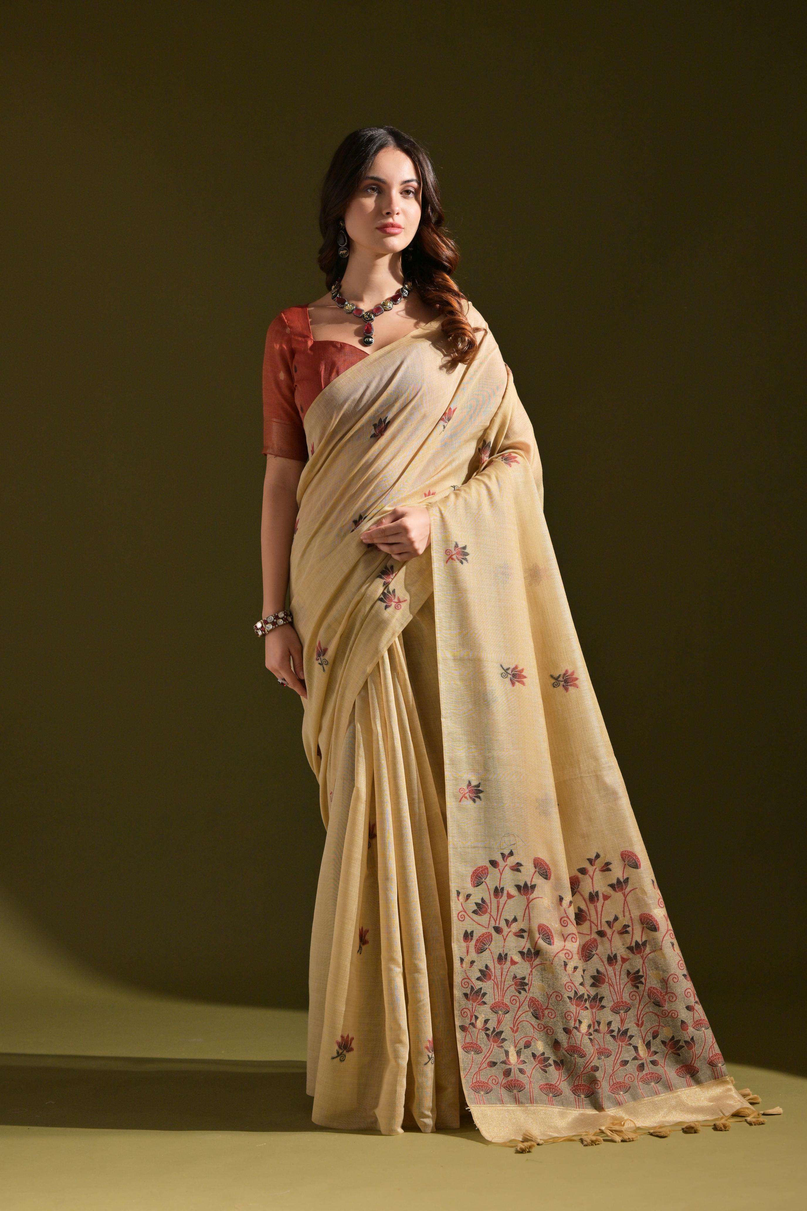 Muga Cotton Saree With Contrast Blouse - CHIKU