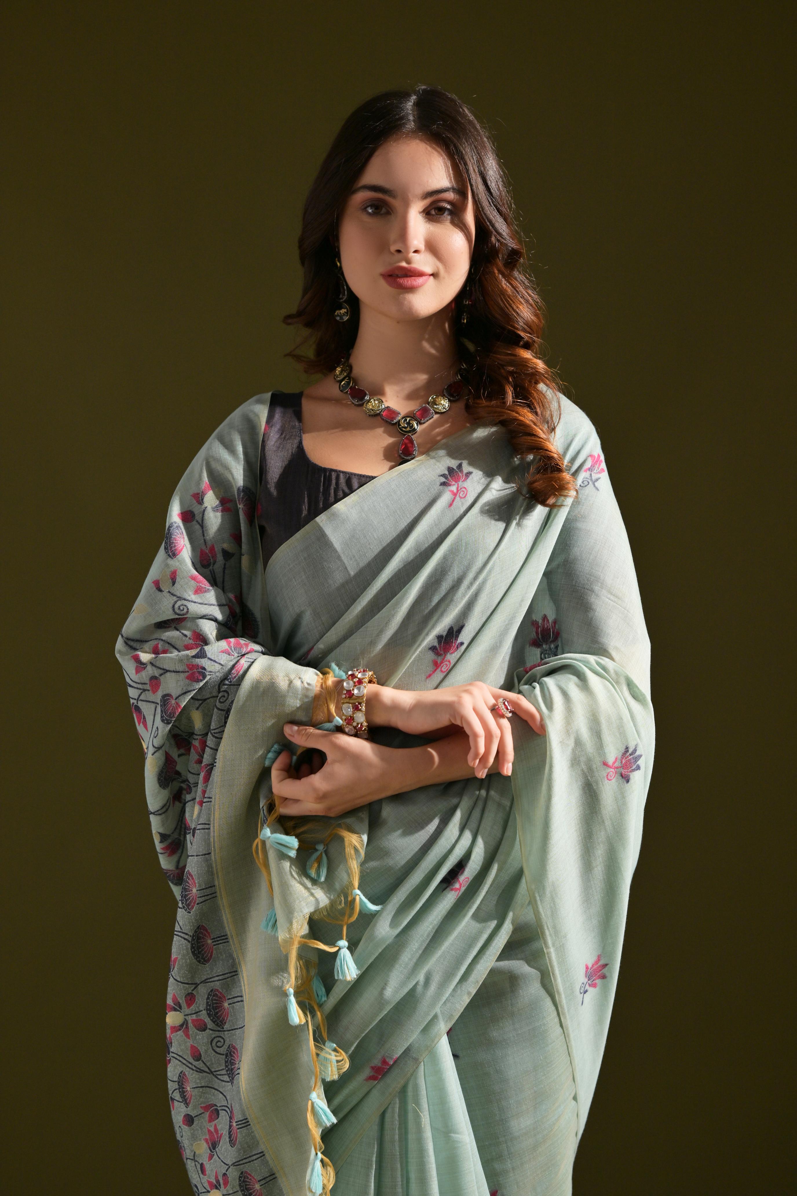 Muga Cotton Saree With Contrast Blouse - FIROZI
