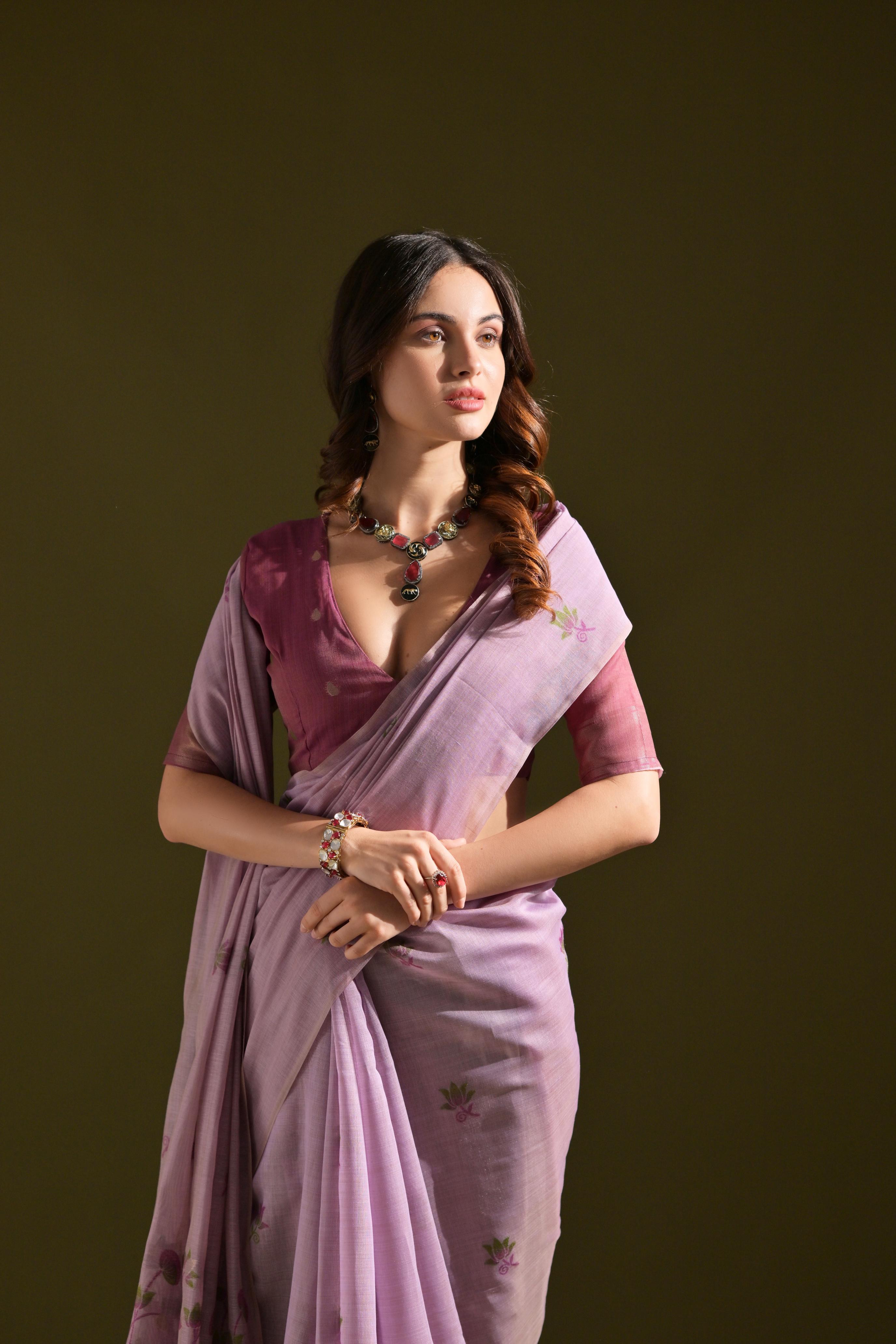 Muga Cotton Saree With Contrast Blouse - LAVENDER