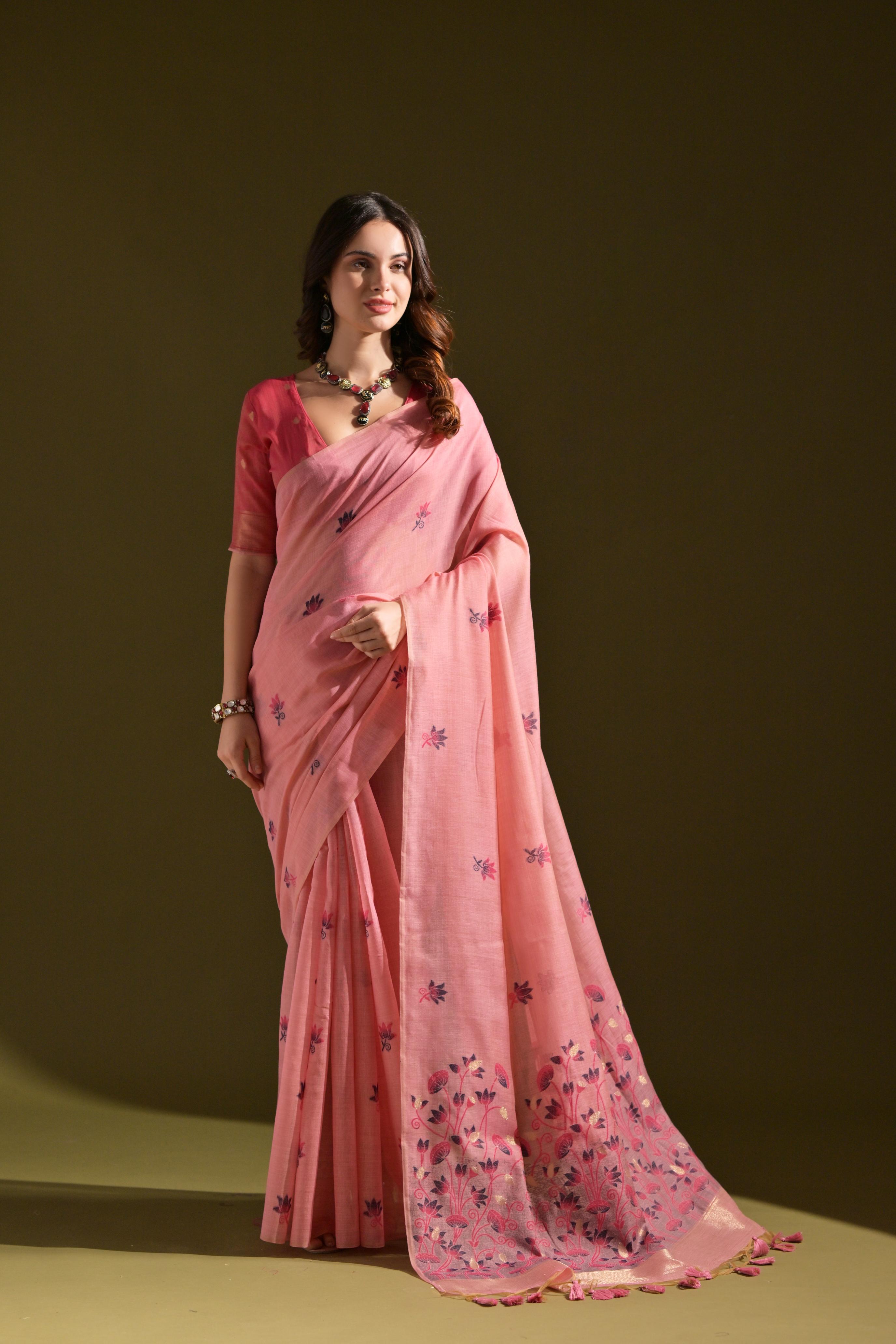 Muga Cotton Saree With Contrast Blouse - PINK