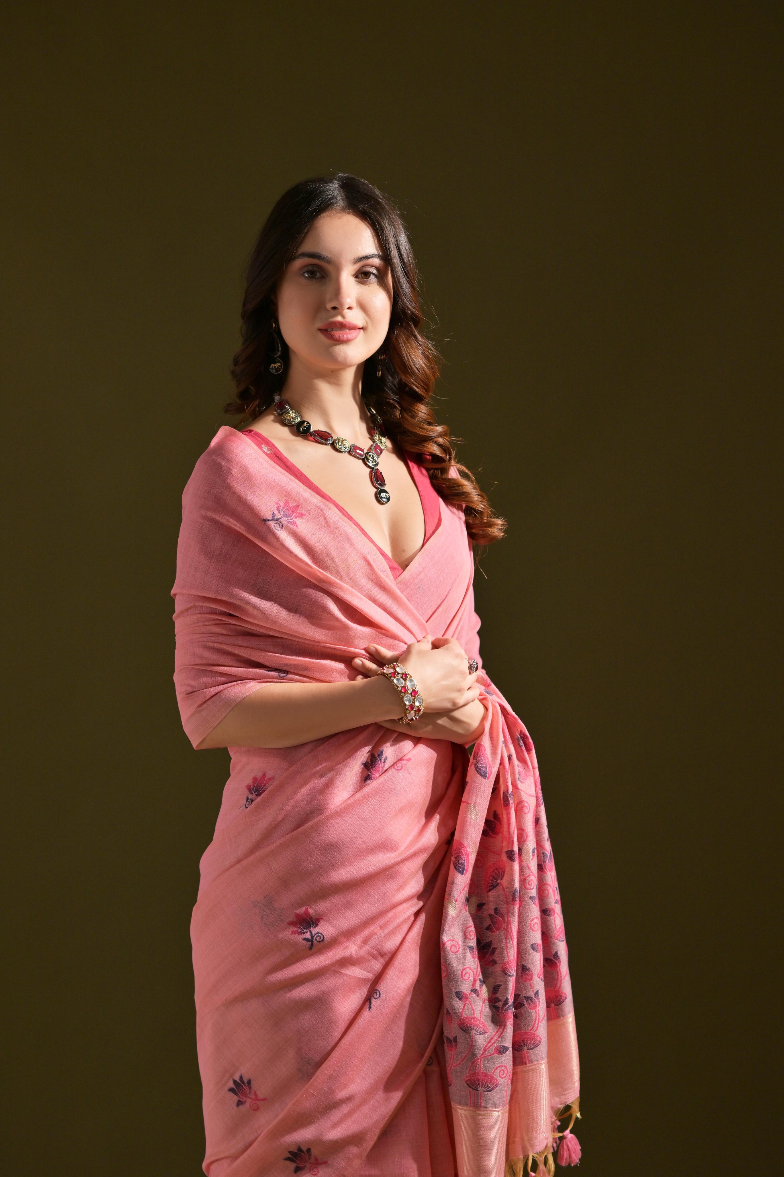 Muga Cotton Saree With Contrast Blouse - PINK