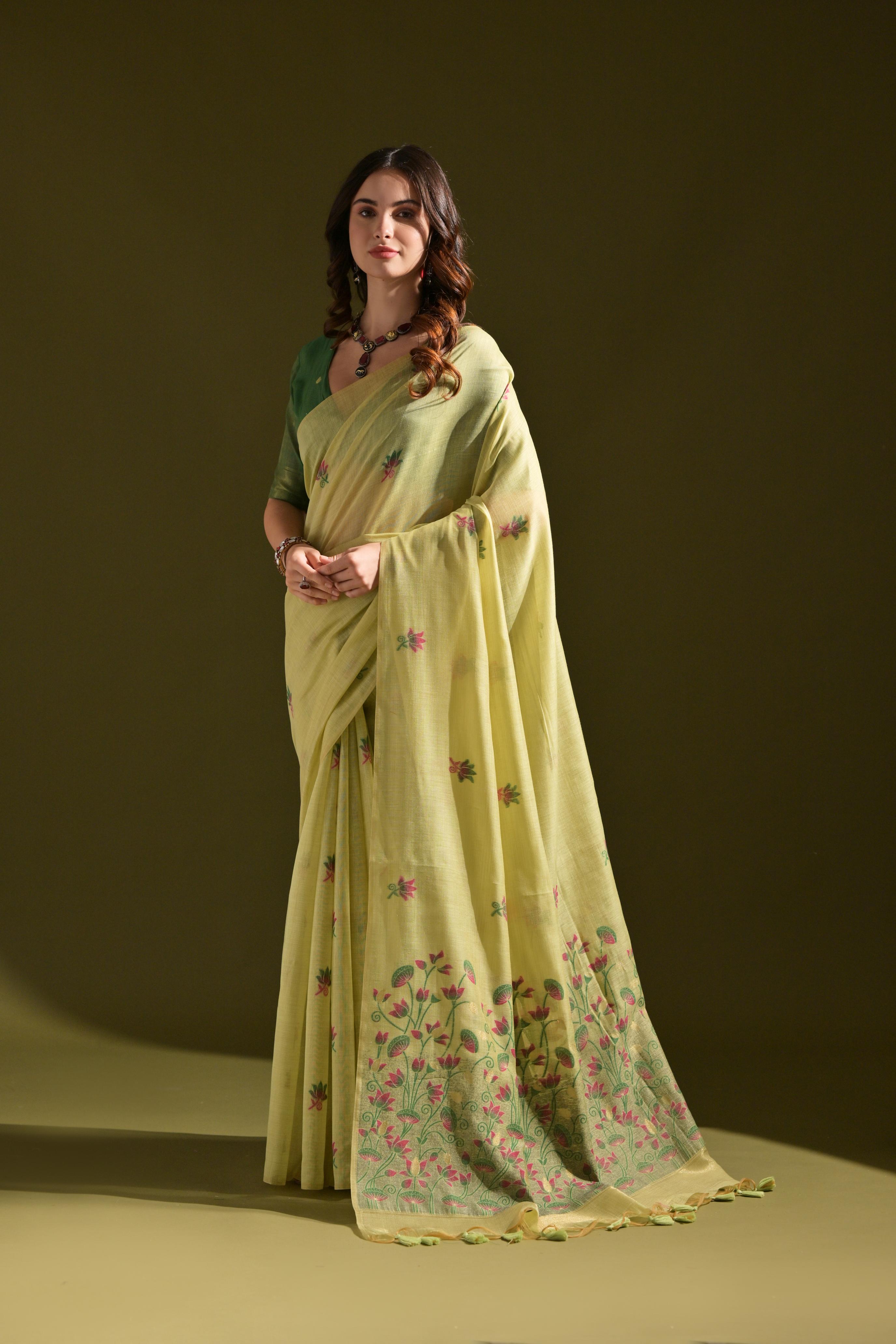 Muga Cotton Saree With Contrast Blouse - PISTA