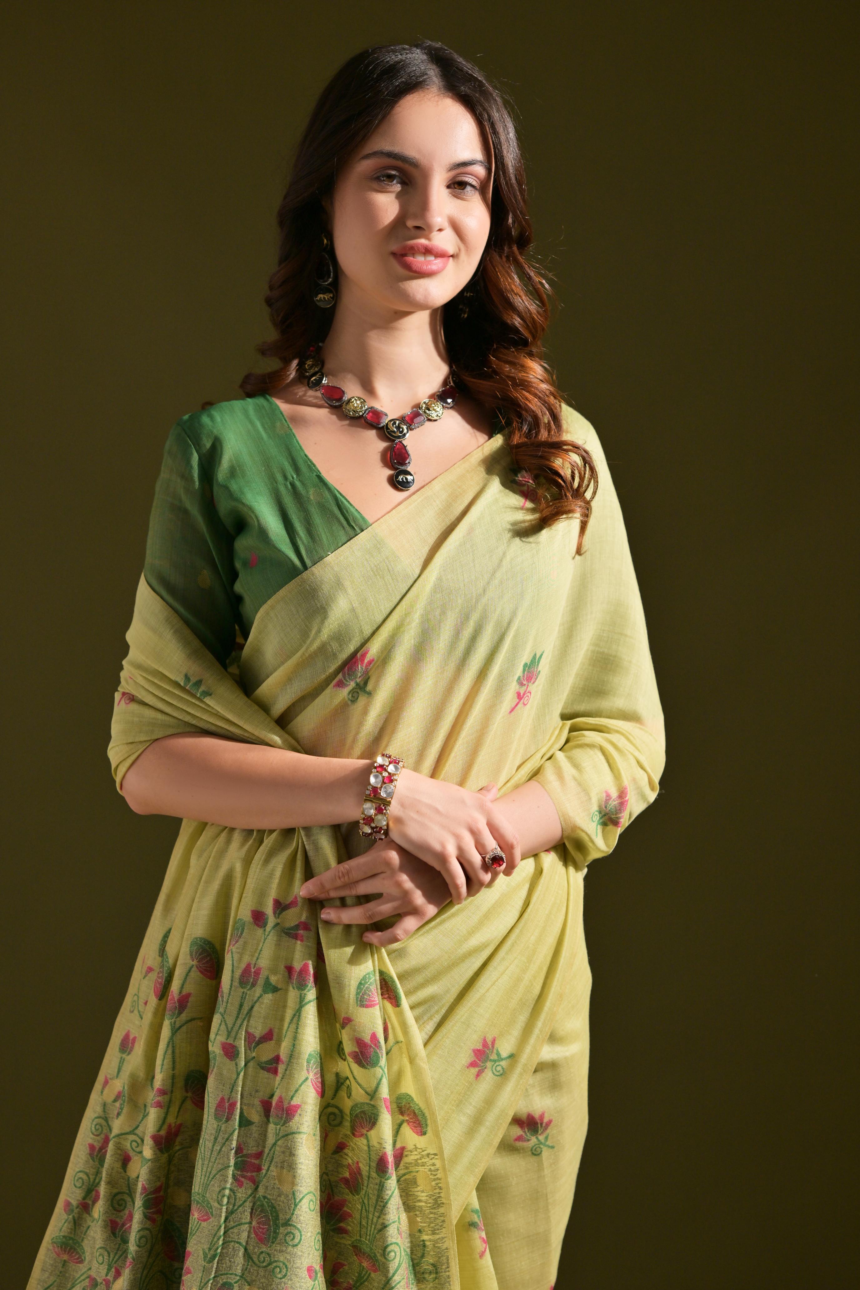 Muga Cotton Saree With Contrast Blouse - PISTA