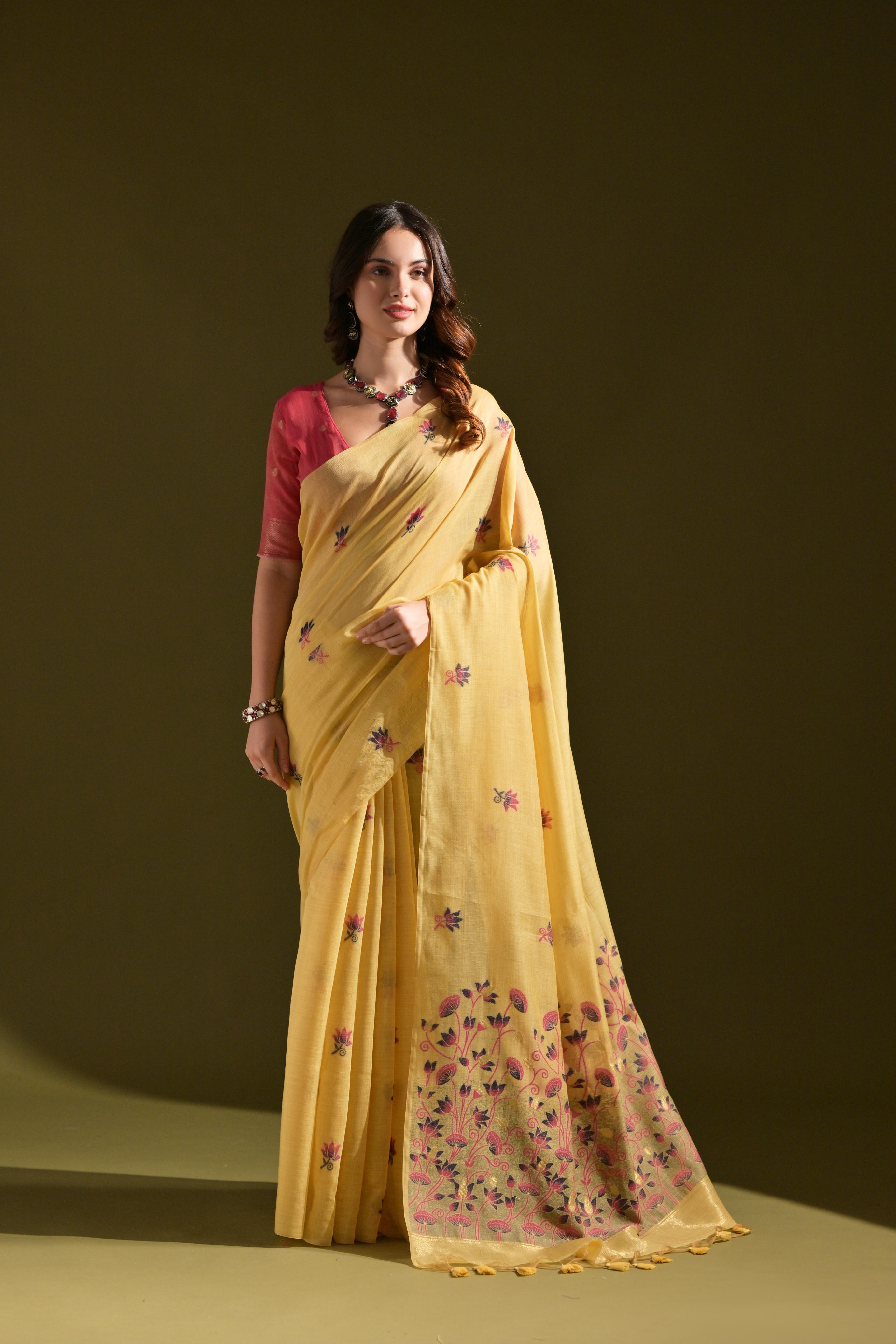 Muga Cotton Saree With Contrast Blouse - YELLOW
