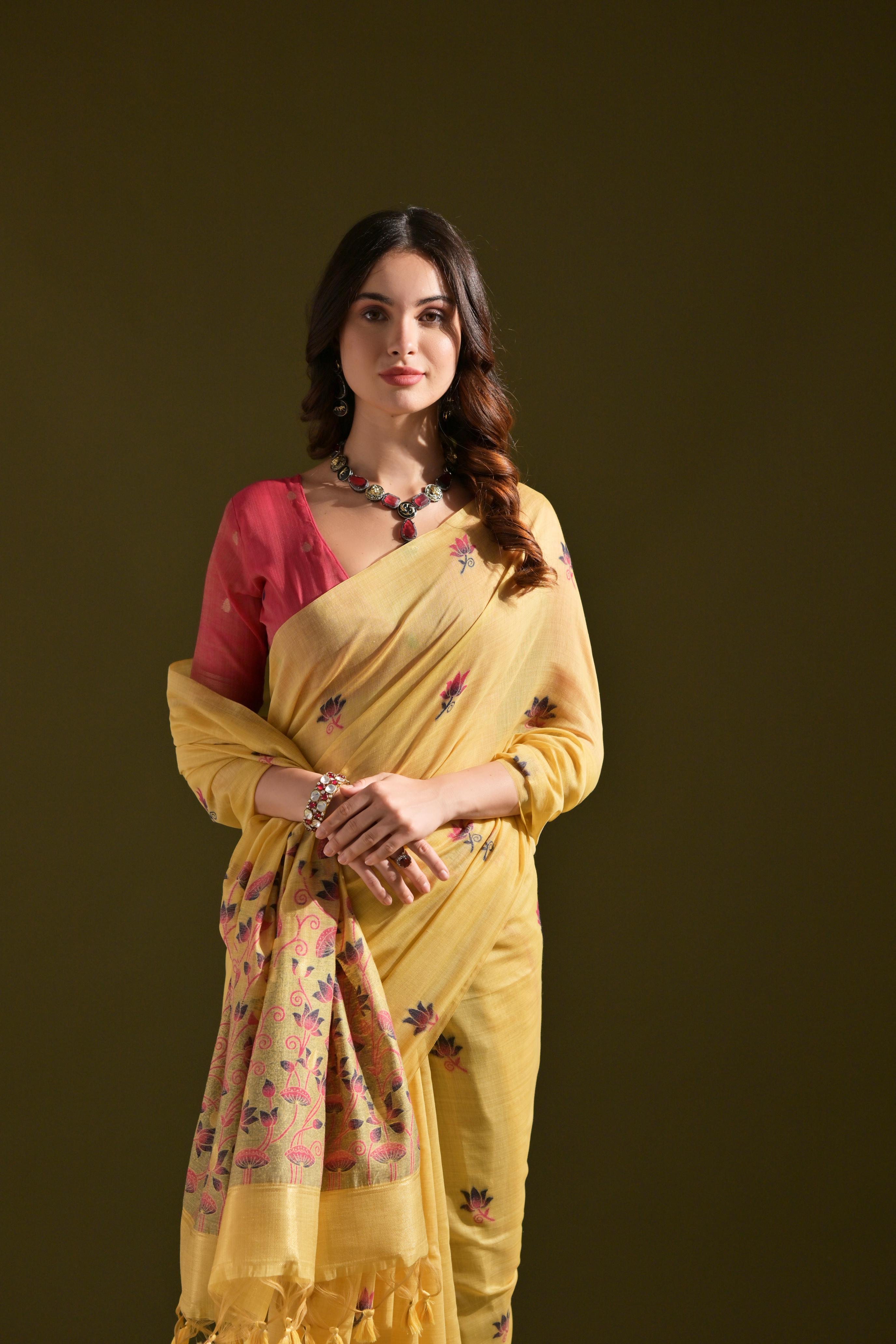 Muga Cotton Saree With Contrast Blouse - YELLOW