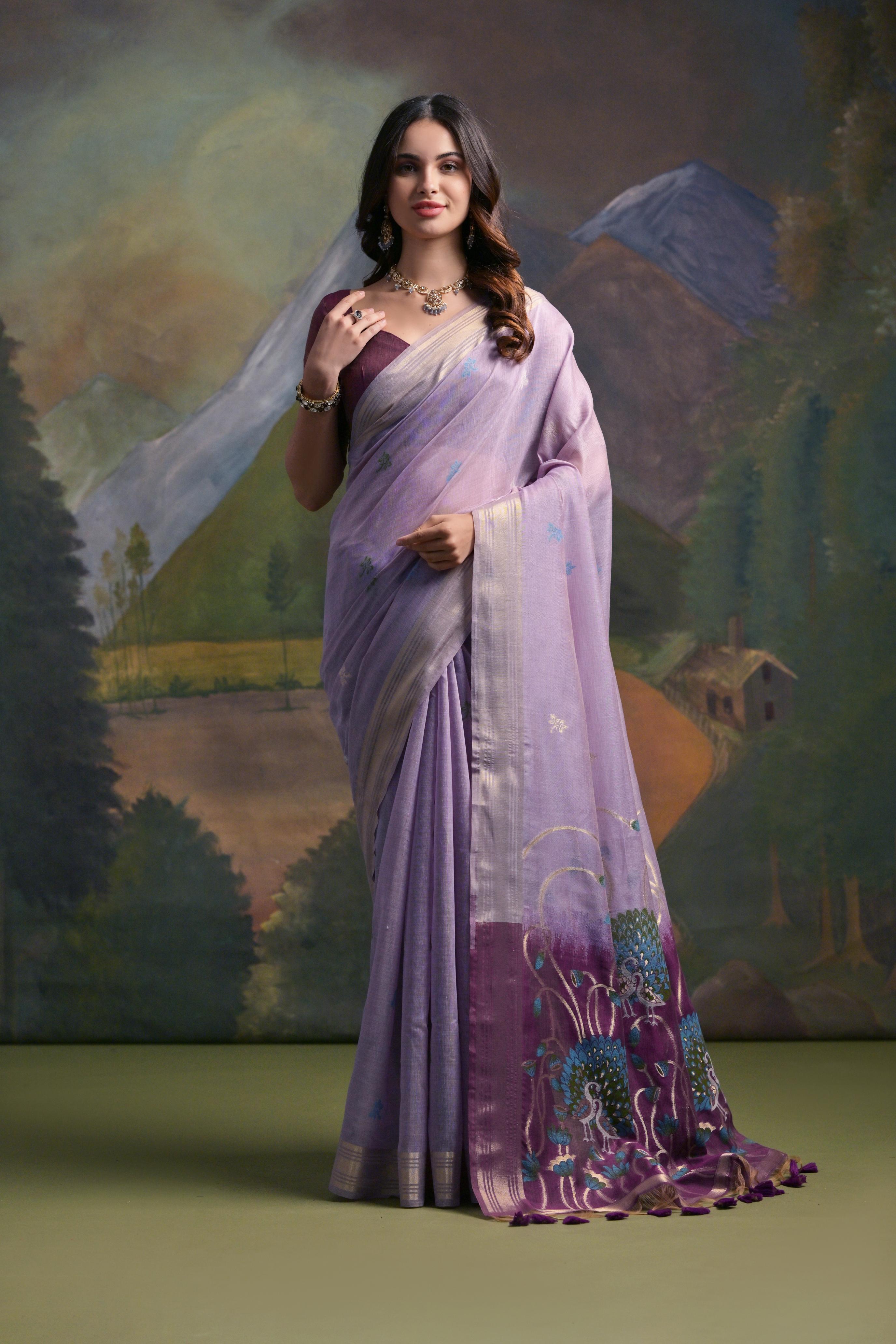 Muga Cotton Saree With Peacock Pallu - LAVENDER